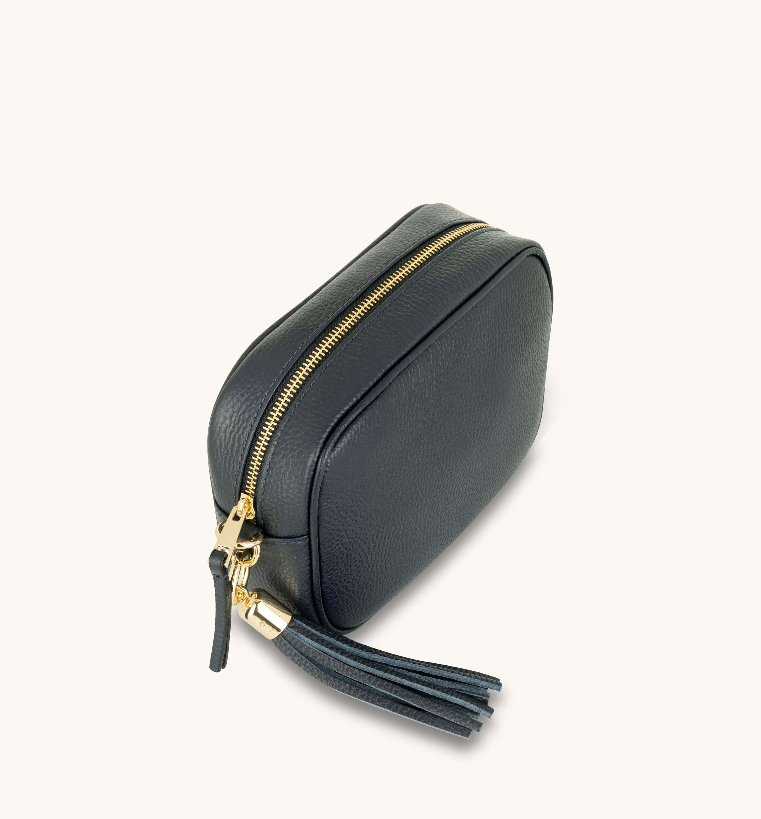 Apatchy London The Tassel Navy Leather Crossbody Bag With Leather & Canvas Strap