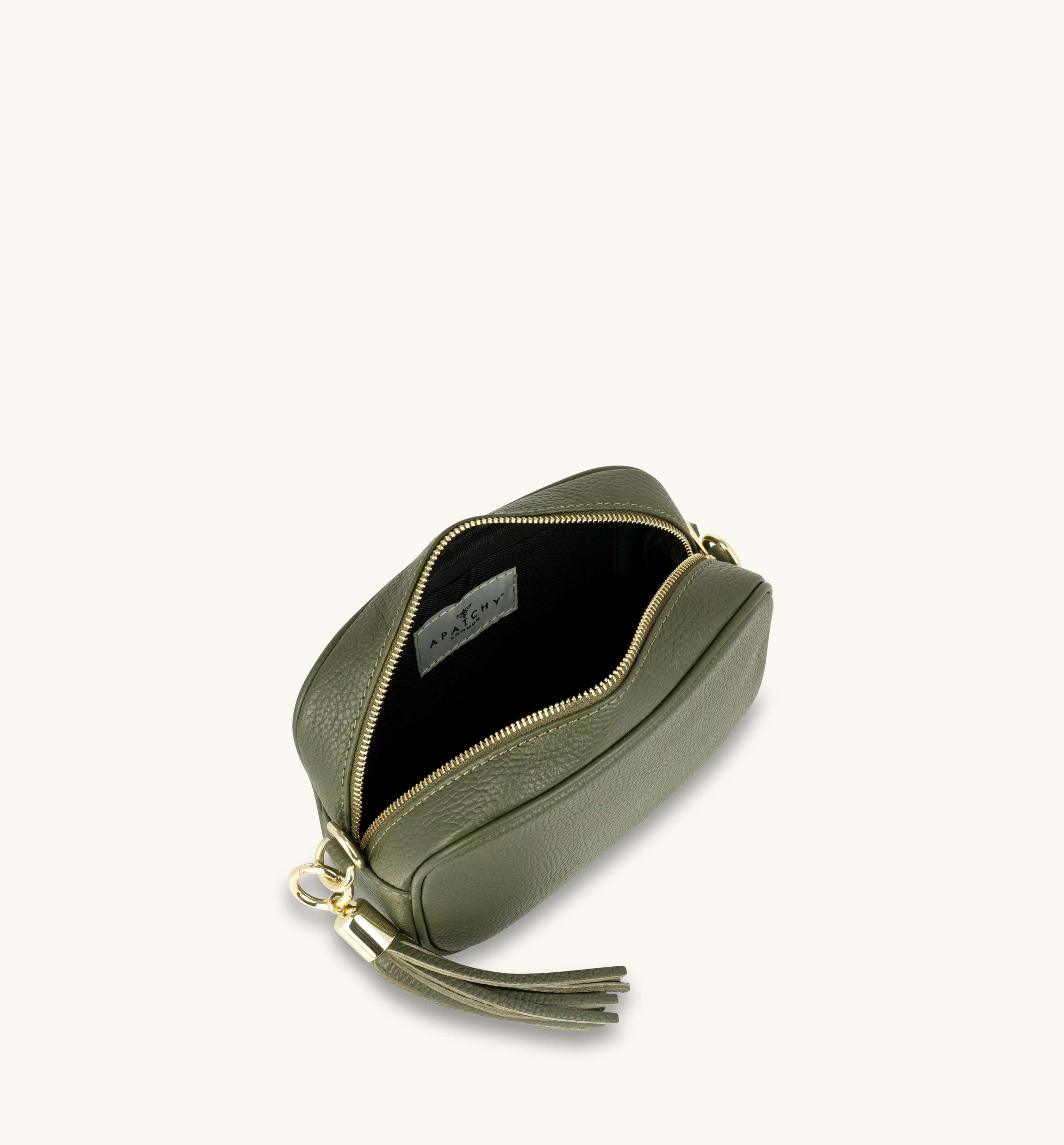 Apatchy London The Tassel Olive Green Leather Crossbody Bag With Olive Green Cheetah Strap