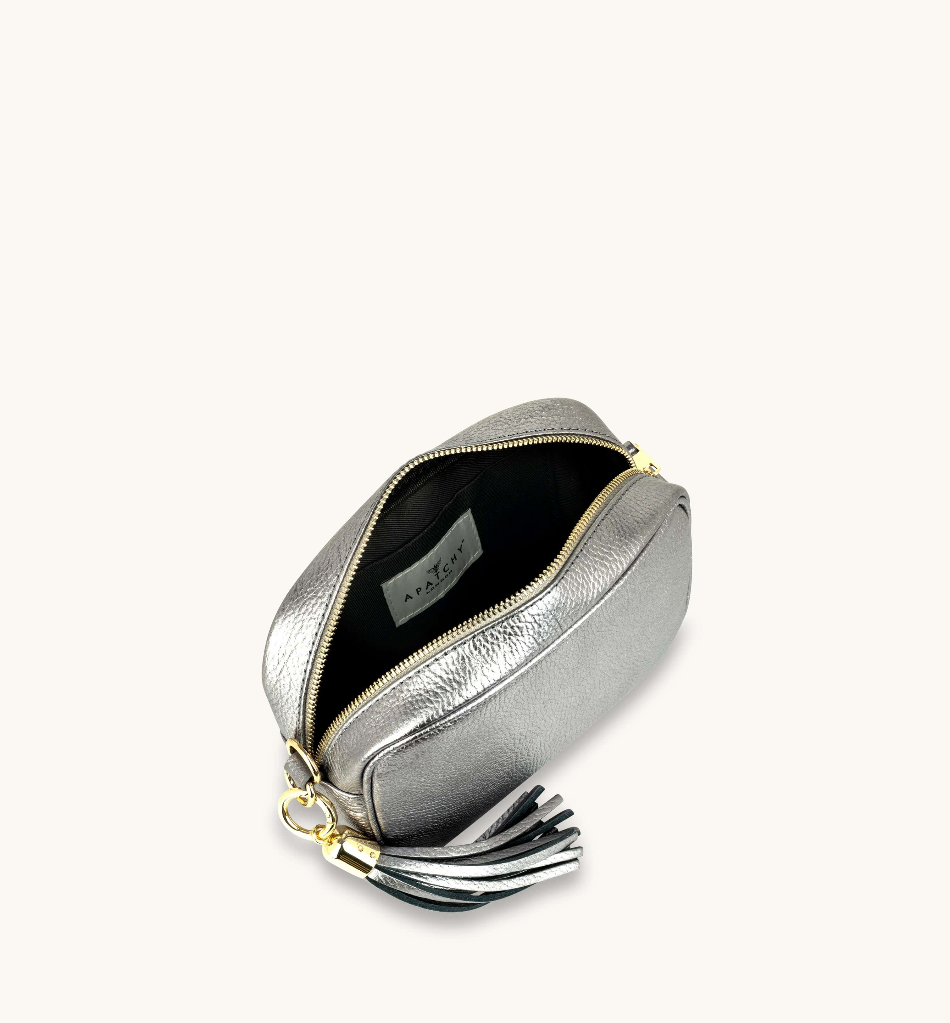 Apatchy London The Tassel Pewter Leather Crossbody Bag With Black & Silver Chevron Strap