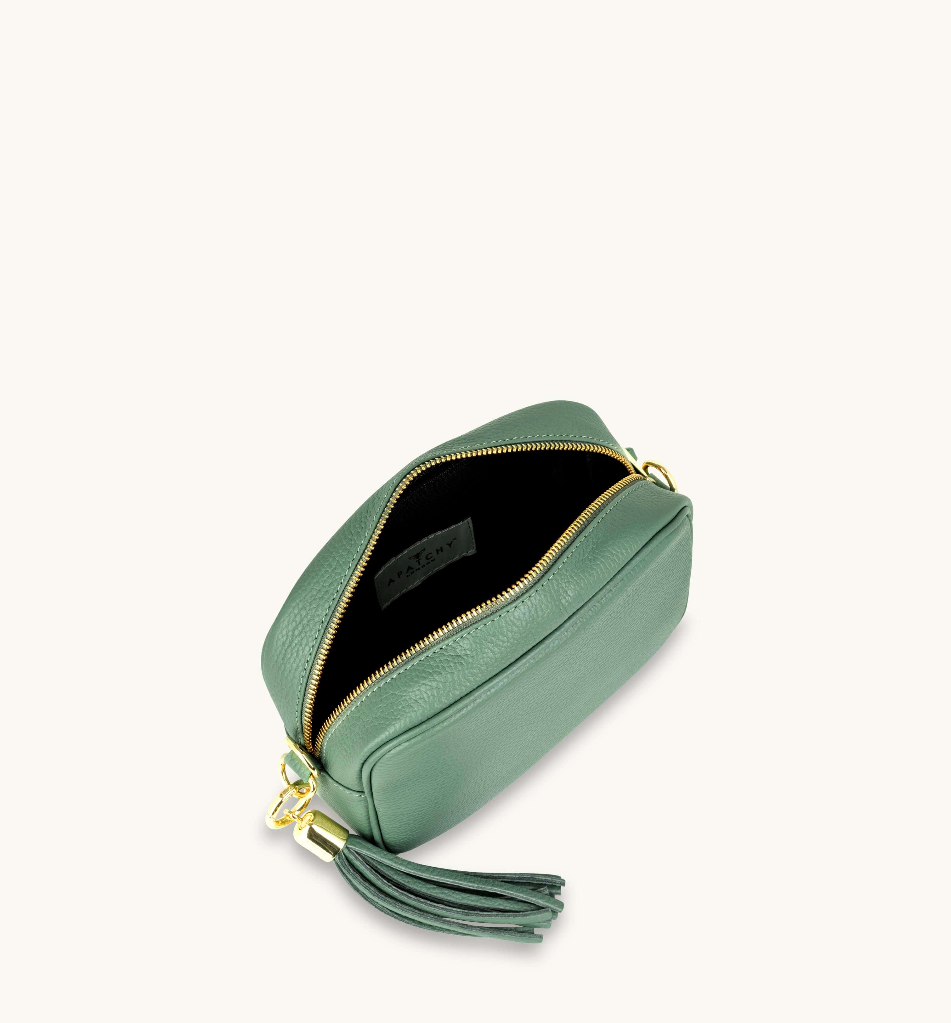 Apatchy London The Tassel Pistachio Leather Crossbody Bag With Pistachio Cross-Stitch Strap