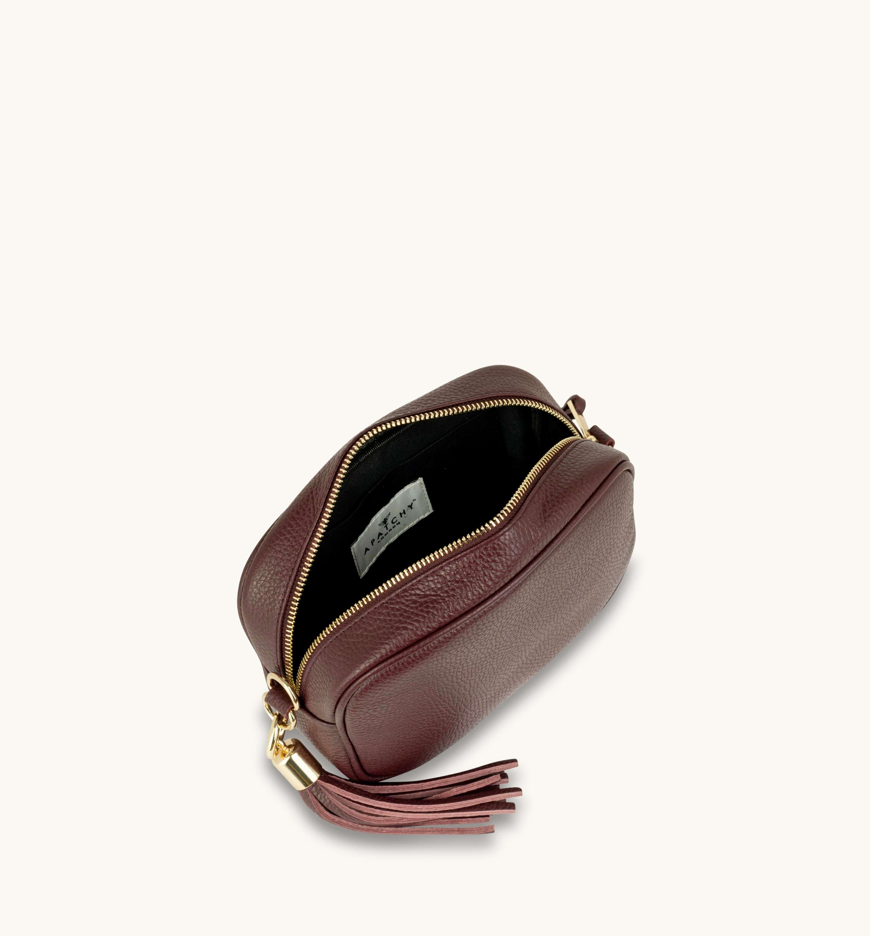 Apatchy London The Tassel Burgundy Leather Crossbody Bag With Gold Chain Strap