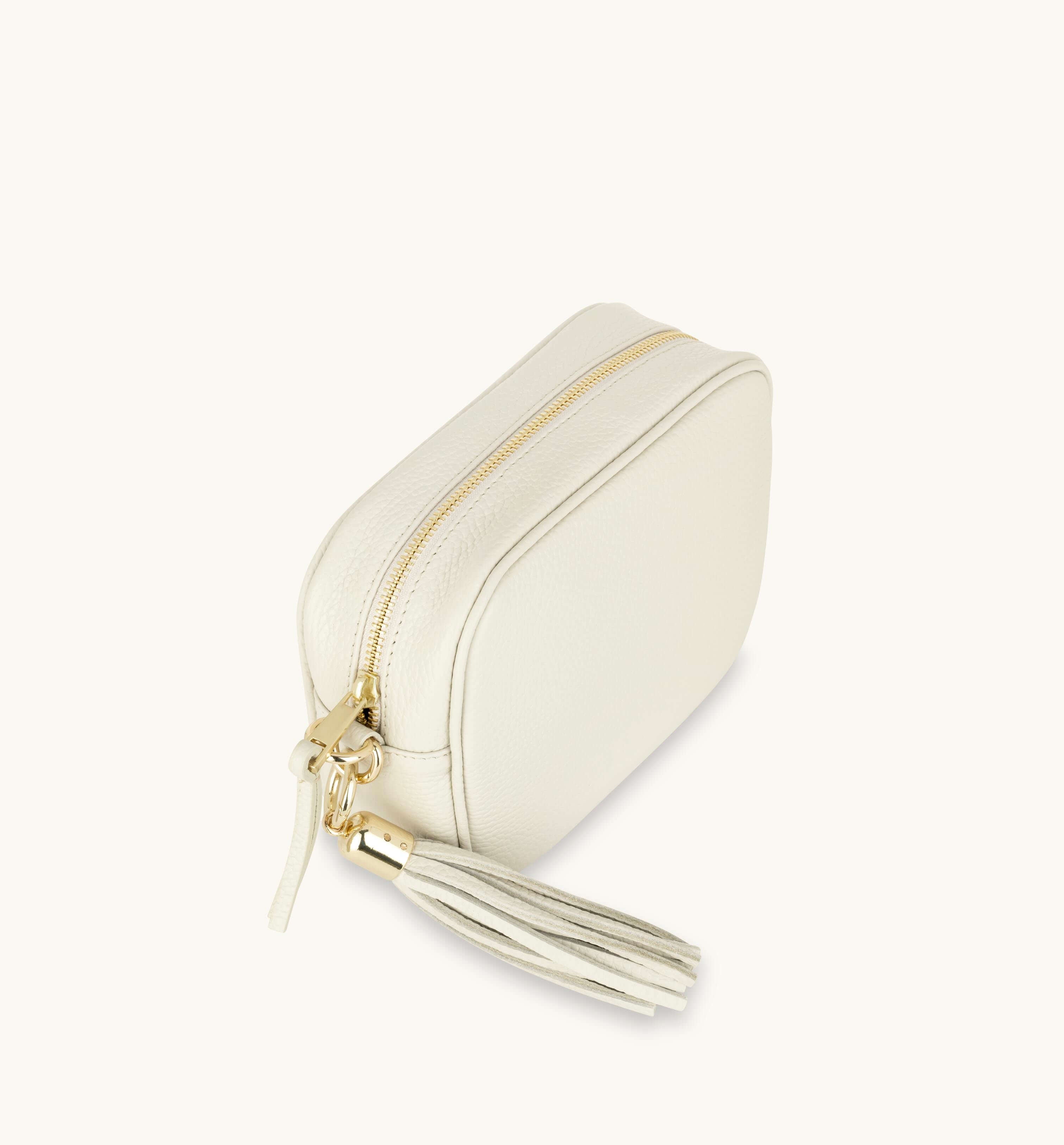 Apatchy London The Tassel Stone Leather Crossbody Bag With Pistachio Cross-Stitch Strap