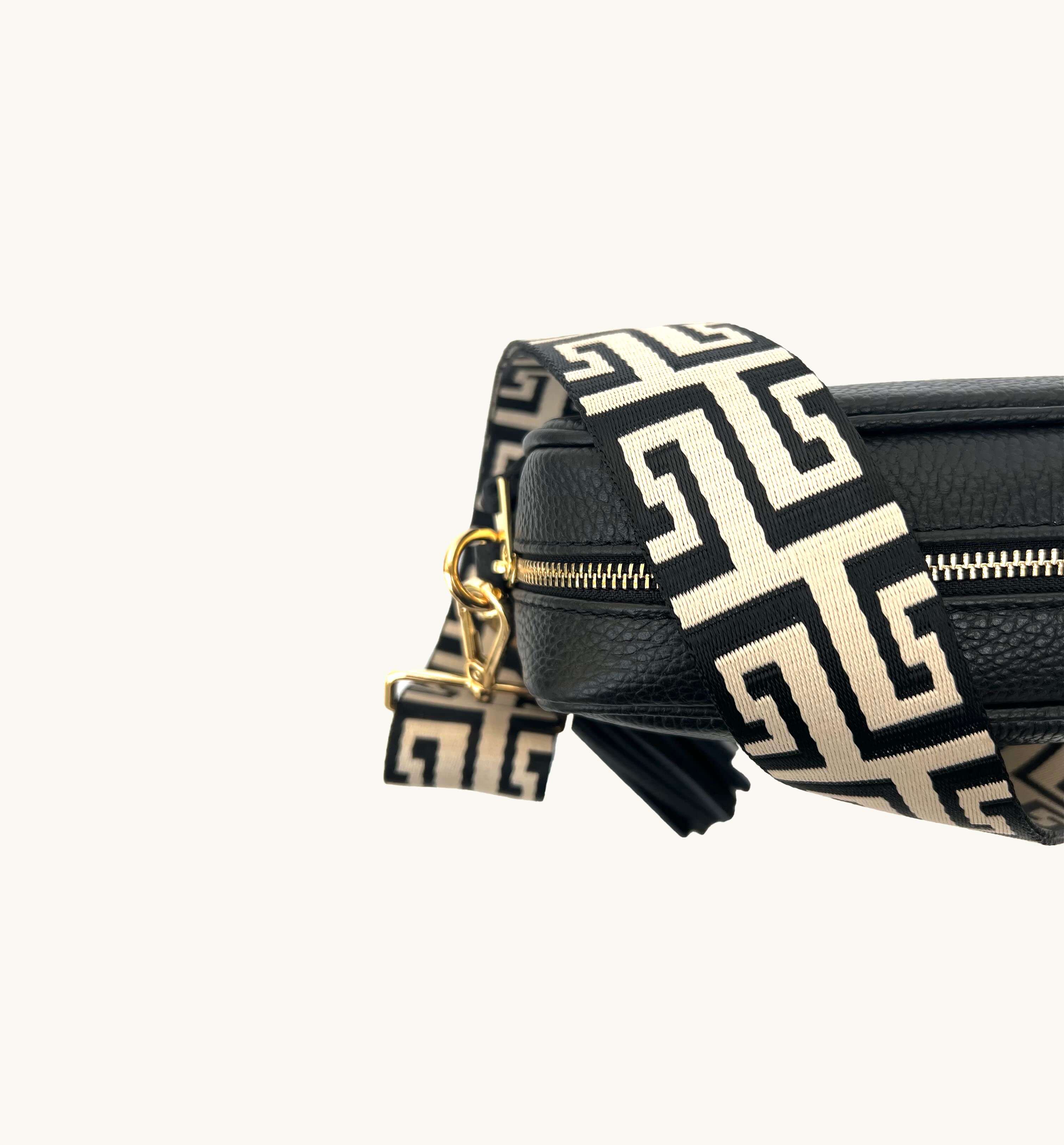 Apatchy London The Tassel Black Leather Crossbody Bag With Black & Stone Maze Strap