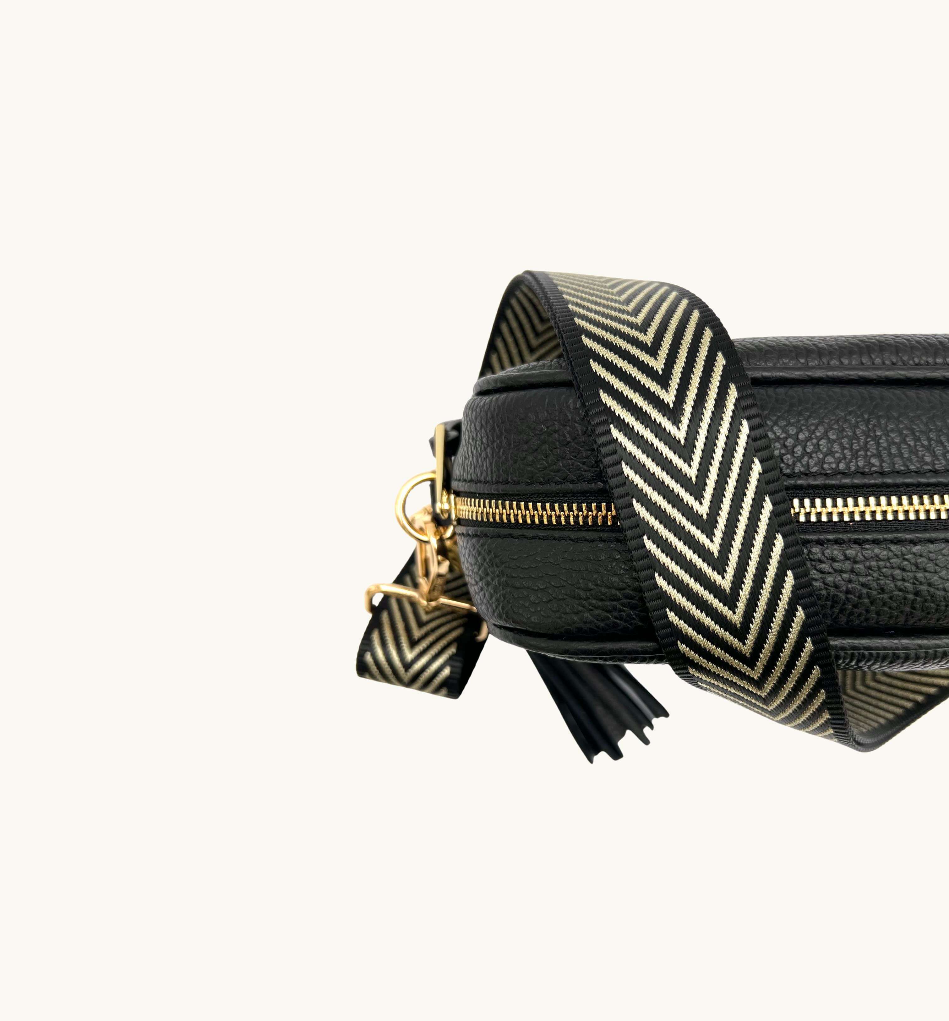 Apatchy London The Tassel Black Leather Crossbody Bag With Black & Gold Chevron Strap