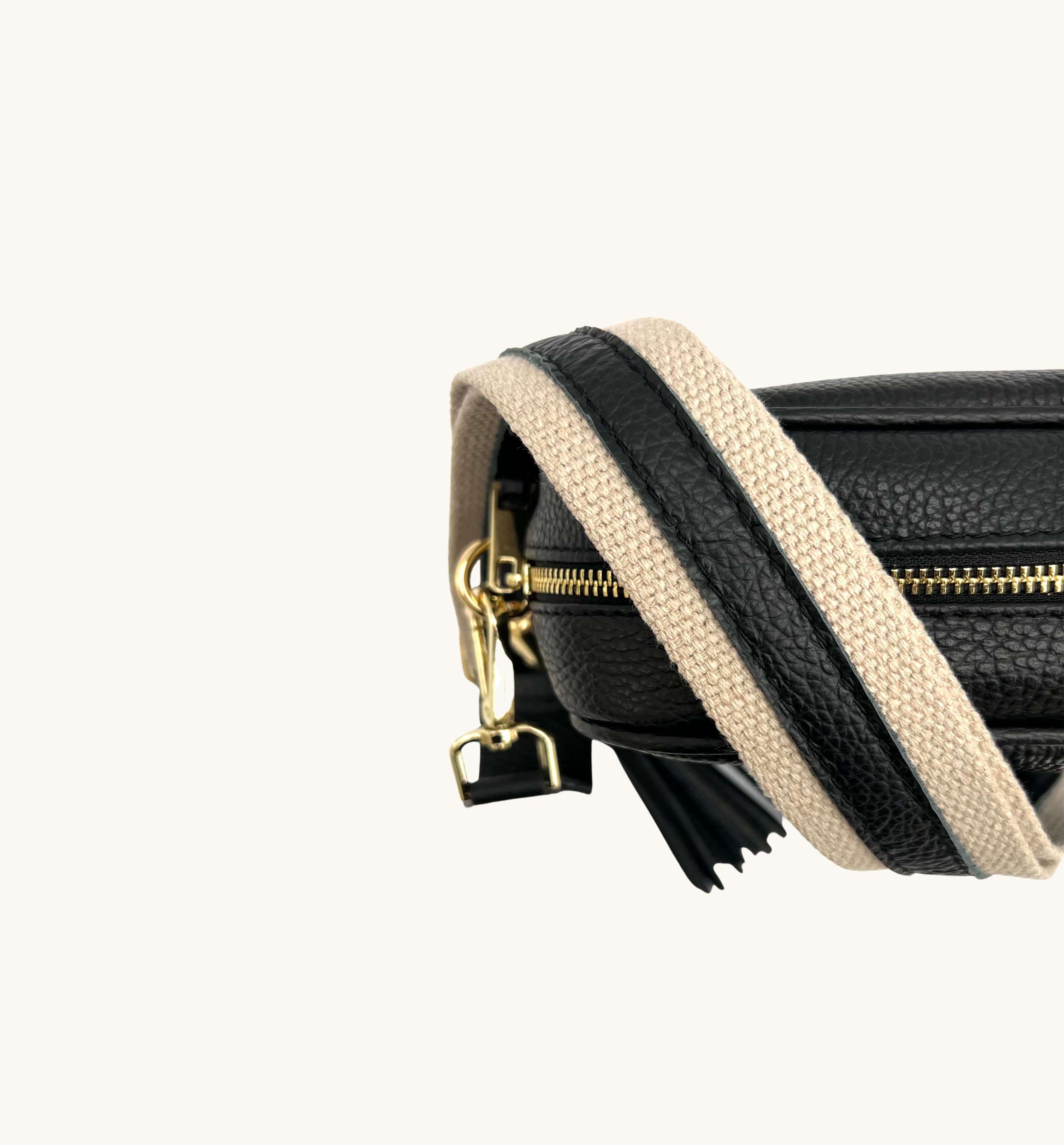 Apatchy London The Tassel Black Leather Crossbody Bag With Leather & Canvas Strap