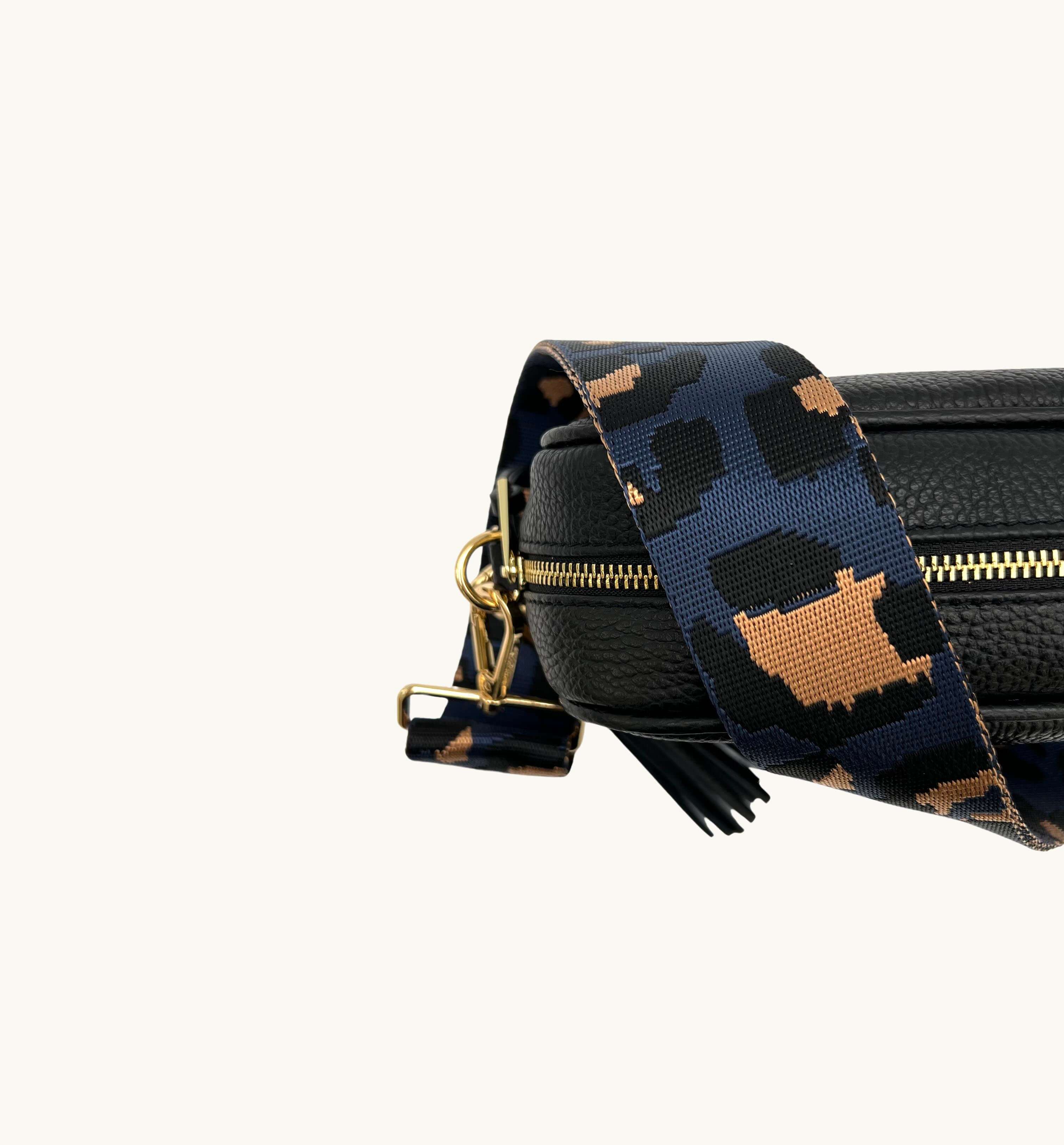 Apatchy London The Tassel Leather Crossbody Bag With Navy Leopard Strap