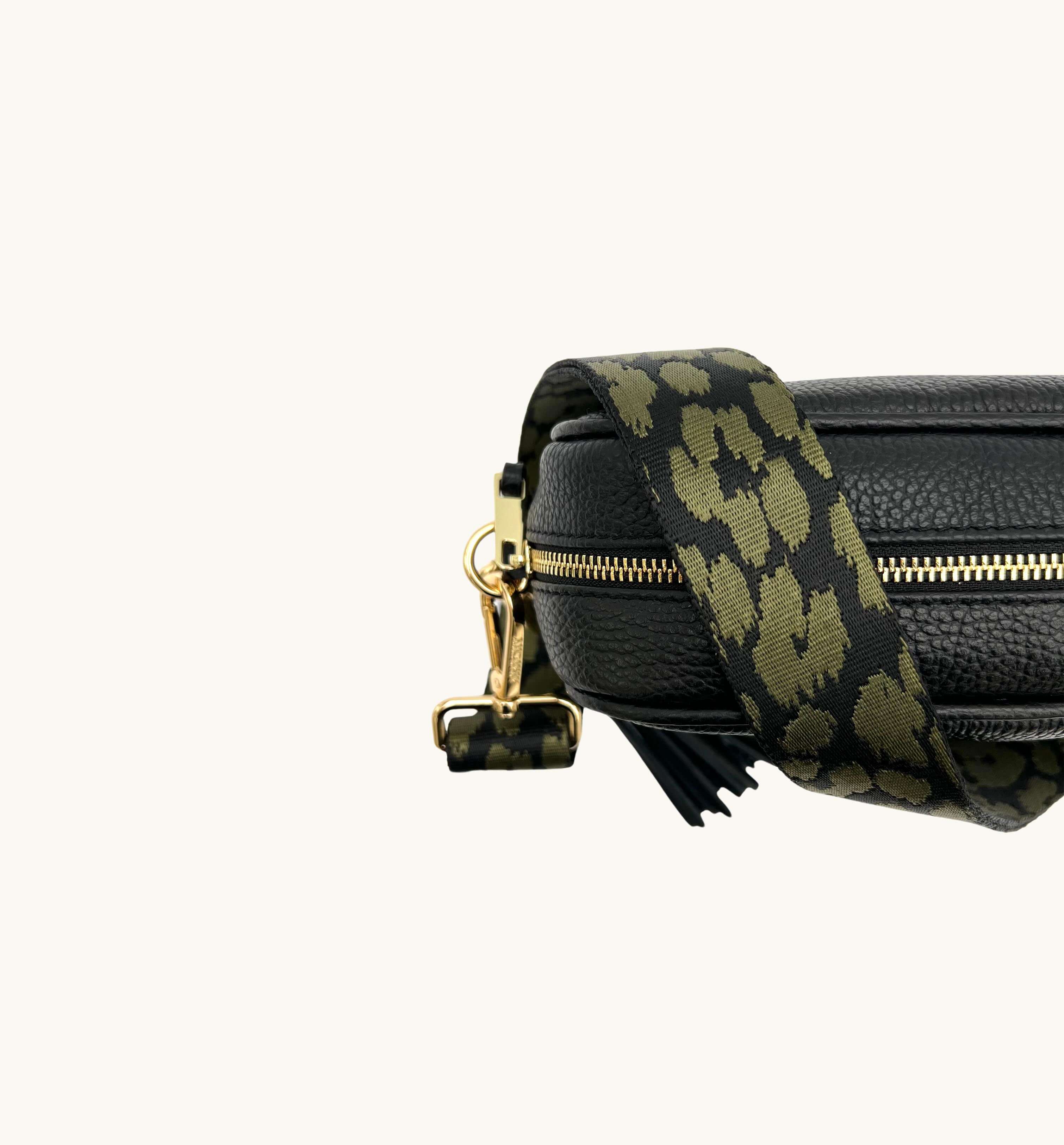 Apatchy London The Tassel Black Leather Crossbody Bag With Olive Green Cheetah Strap