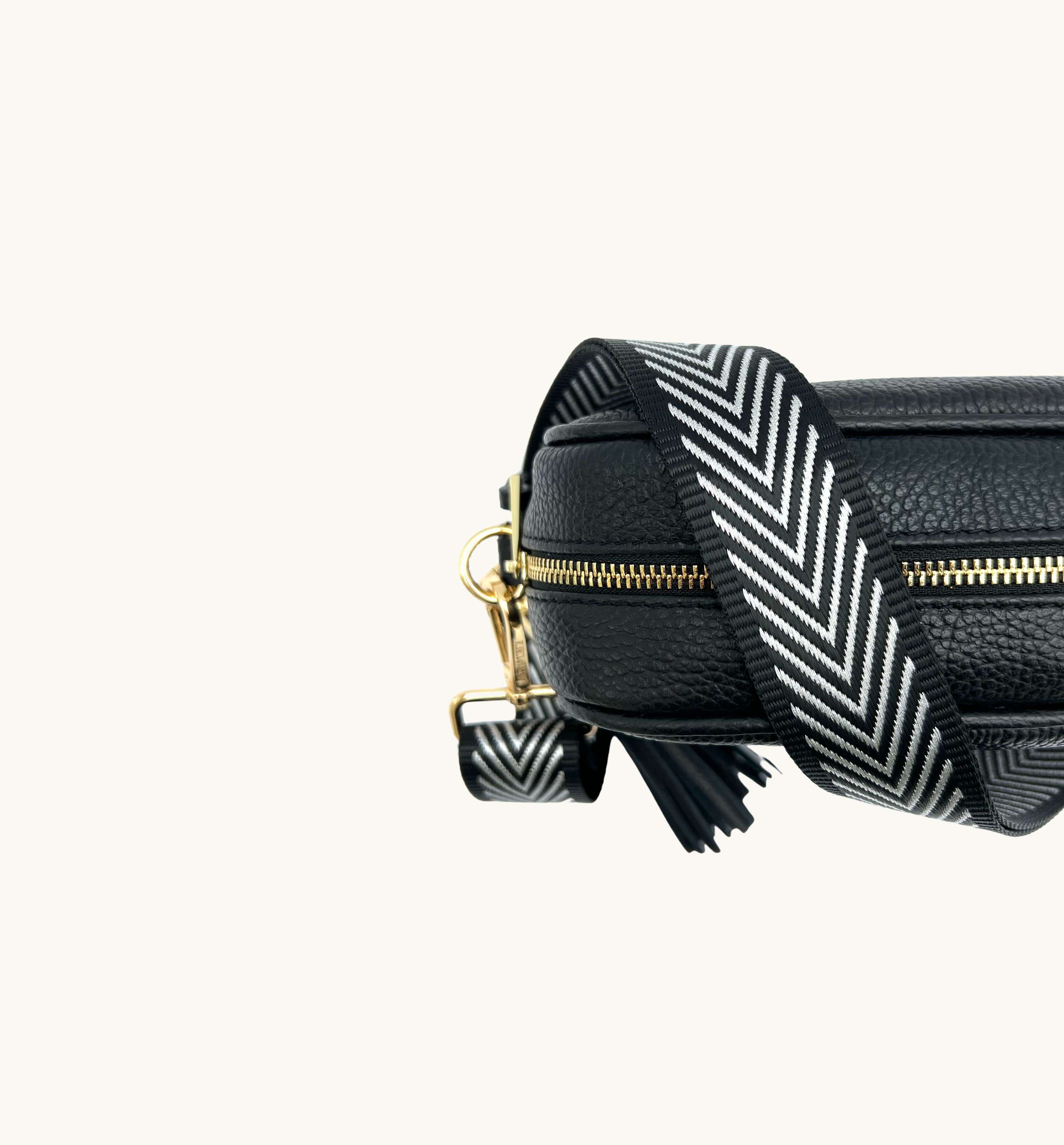 Apatchy London The Tassel Black Leather Crossbody Bag With Black & Silver Chevron Strap