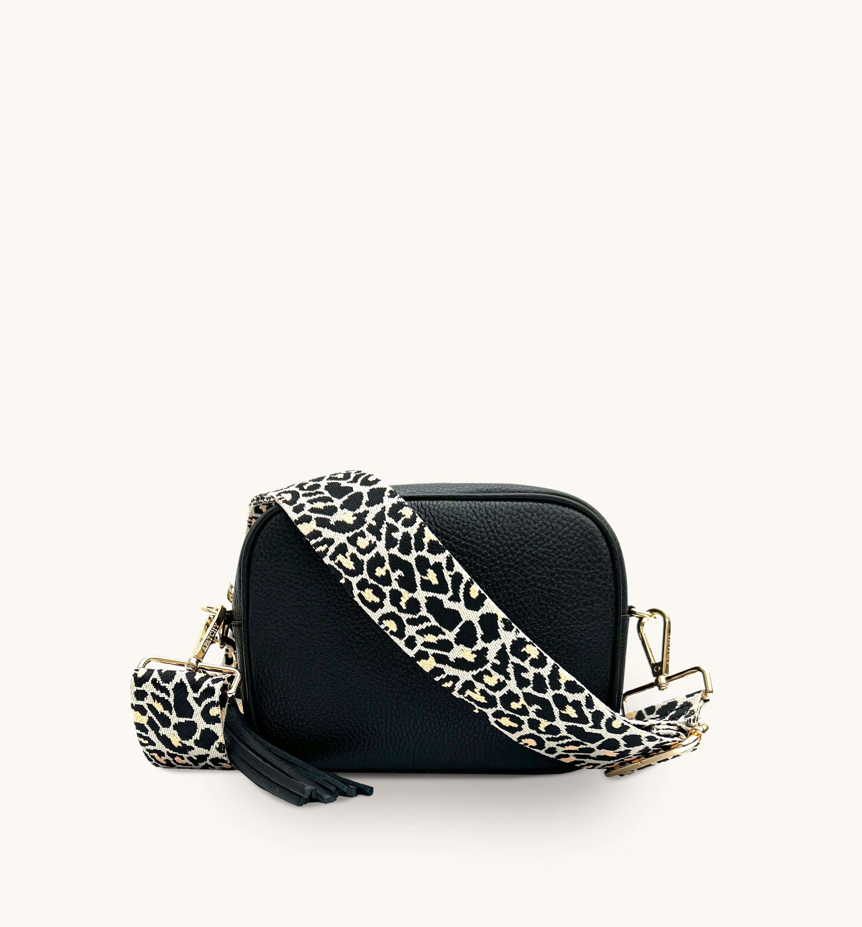 Apatchy London The Tassel Black Leather Crossbody Bag With Apricot Cheetah Strap