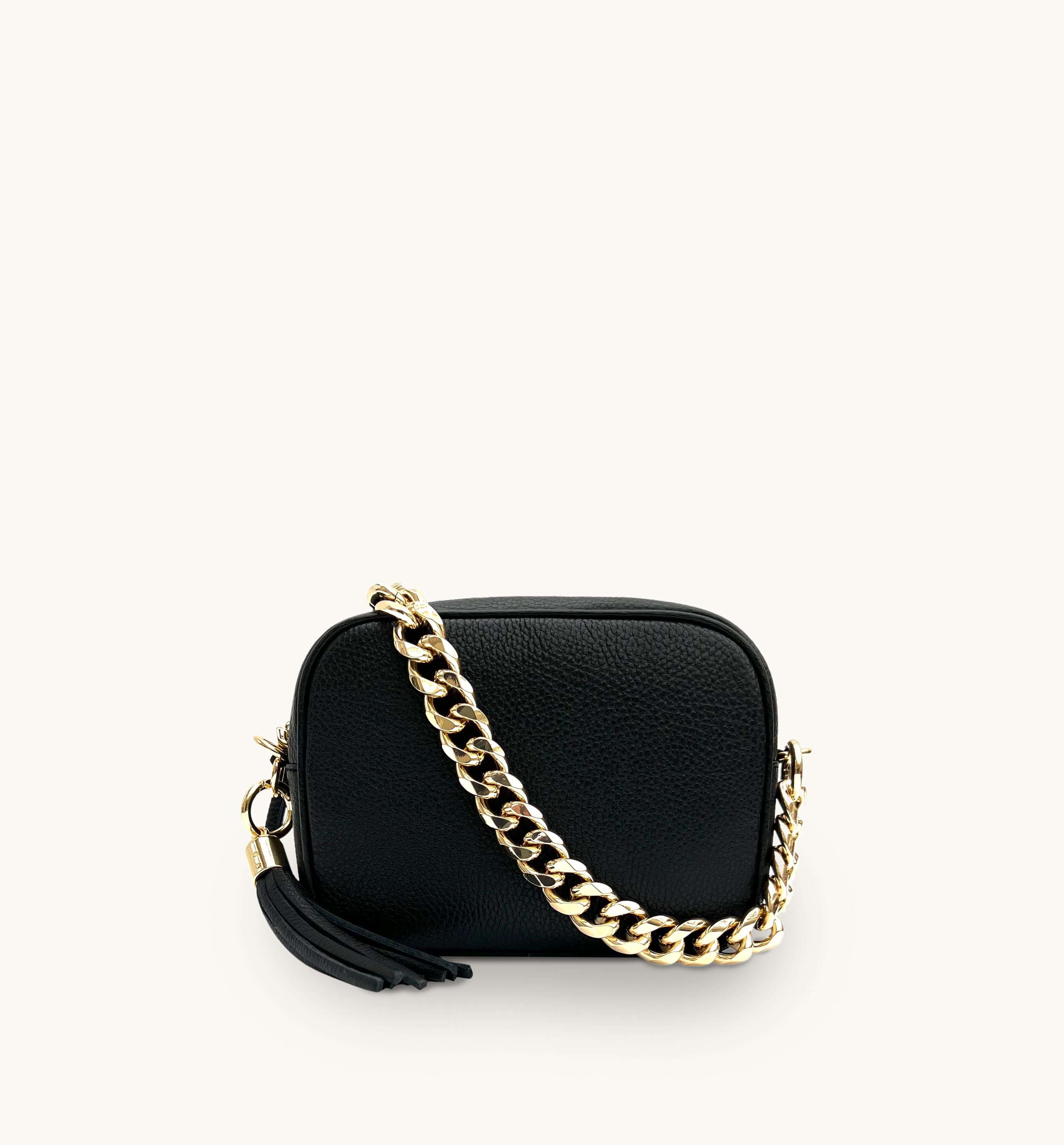 Apatchy London The Tassel Black Leather Crossbody Bag With Gold Chain Strap