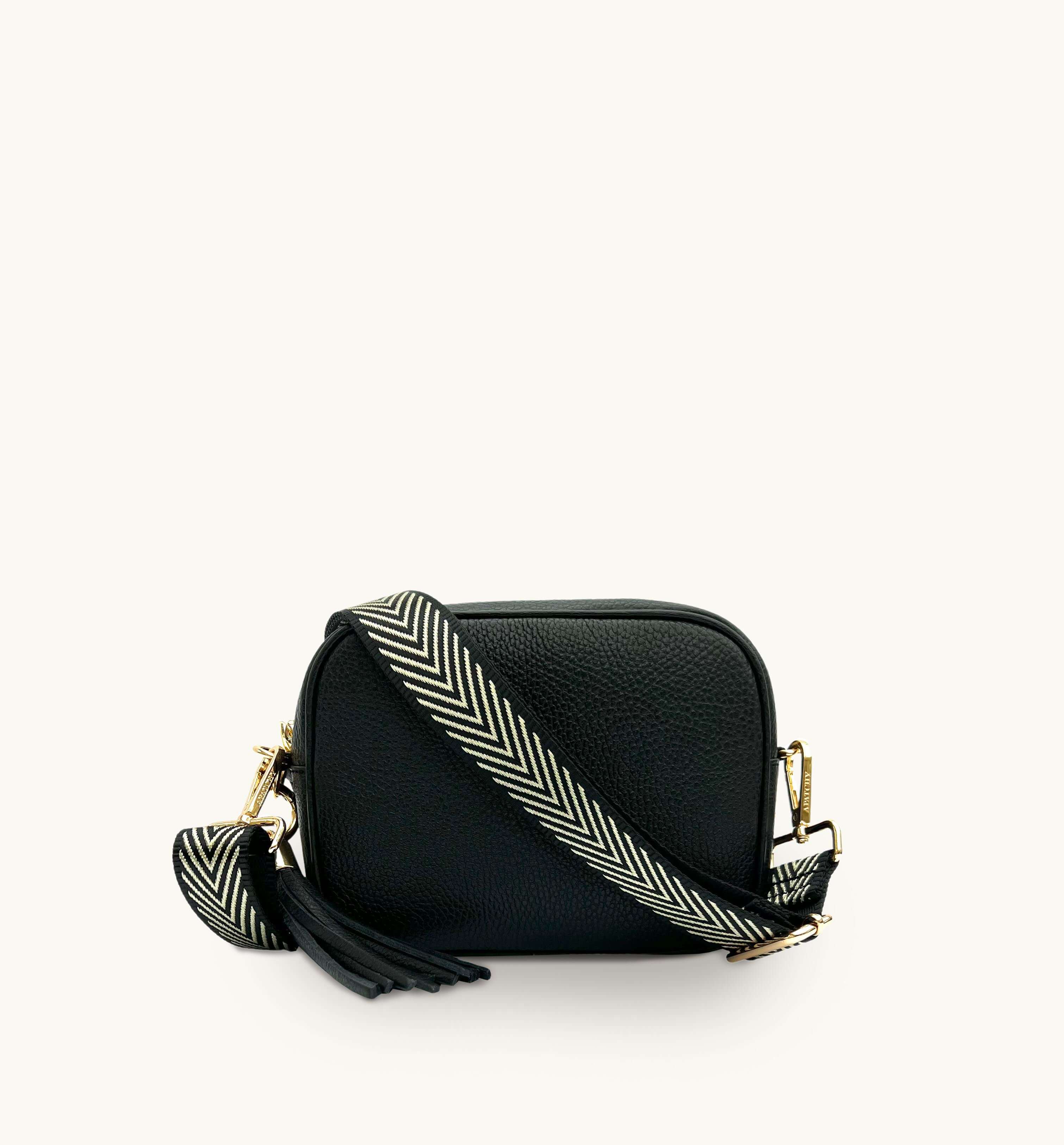 Apatchy London The Tassel Black Leather Crossbody Bag With Black & Gold Chevron Strap