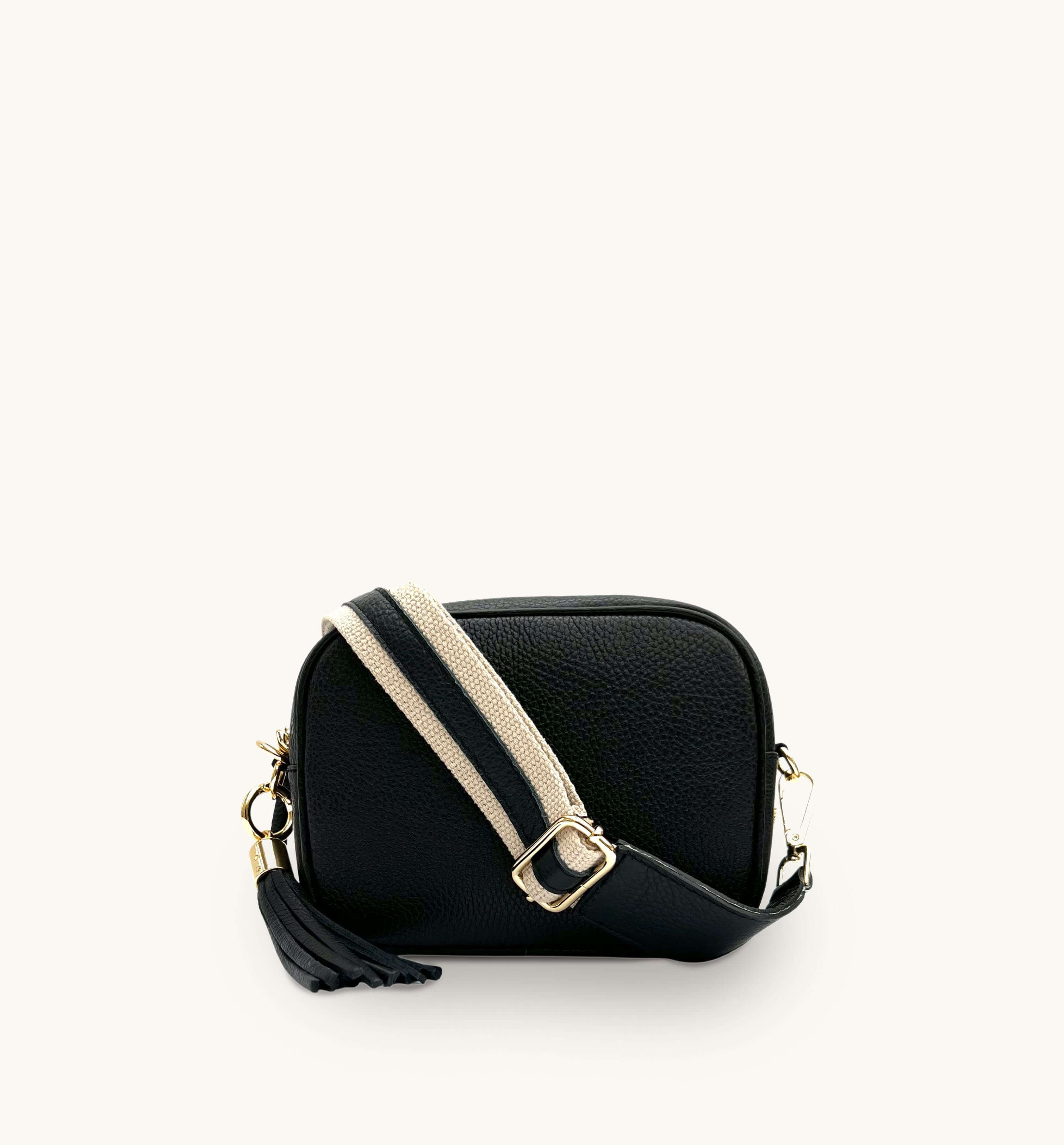 Apatchy London The Tassel Black Leather Crossbody Bag With Leather & Canvas Strap
