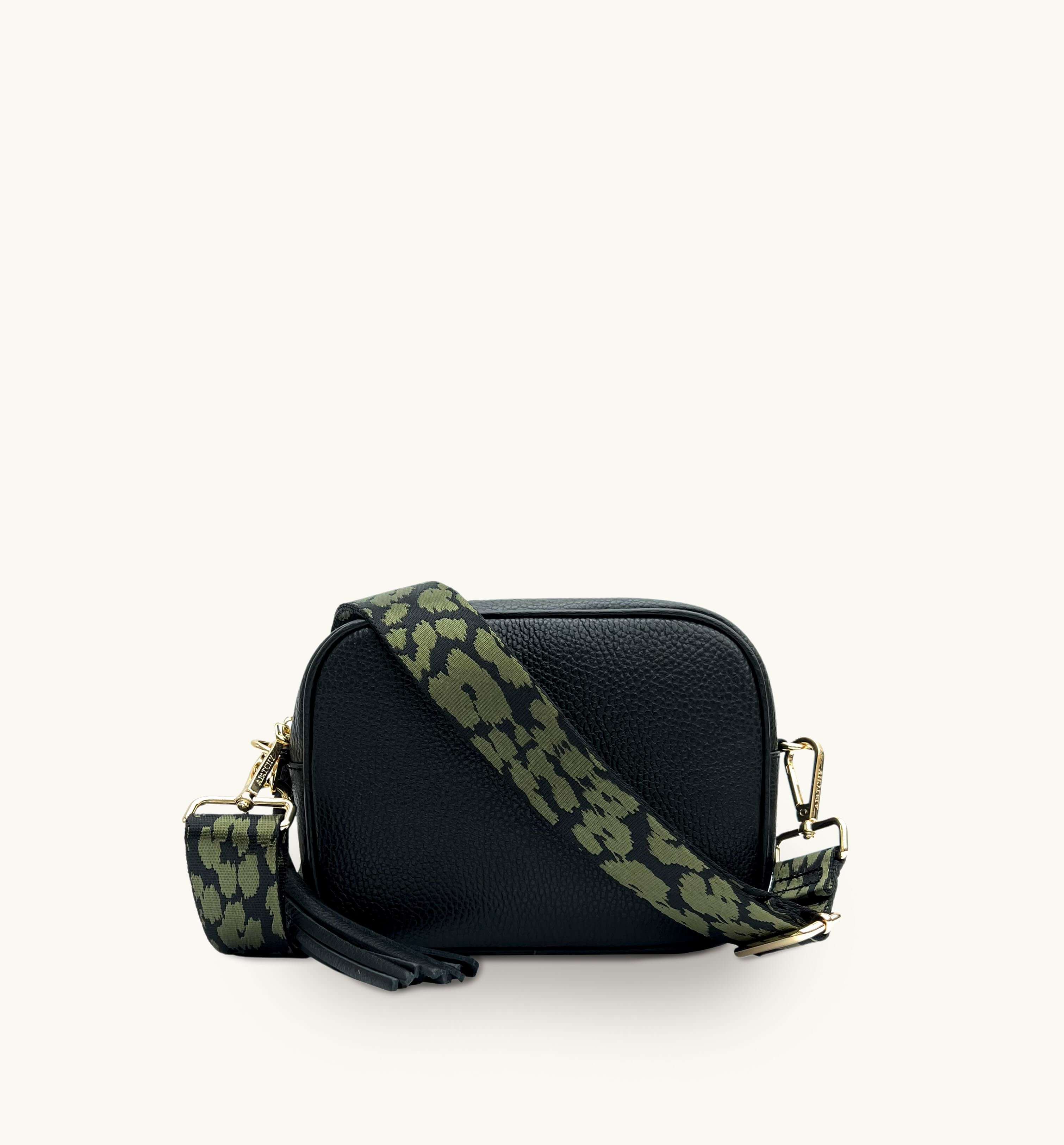 Apatchy London The Tassel Black Leather Crossbody Bag With Olive Green Cheetah Strap