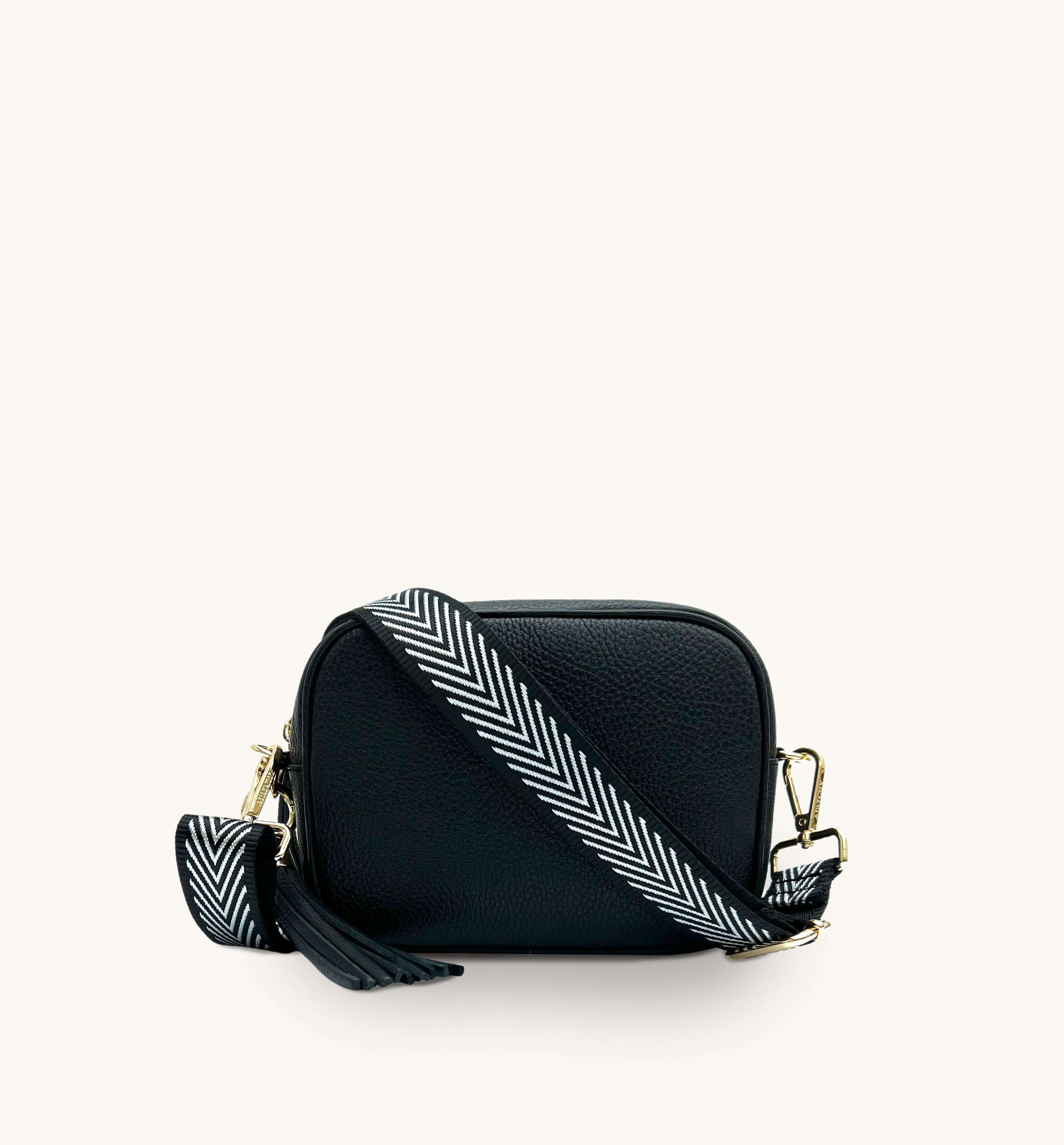 Apatchy London The Tassel Black Leather Crossbody Bag With Black & Silver Chevron Strap