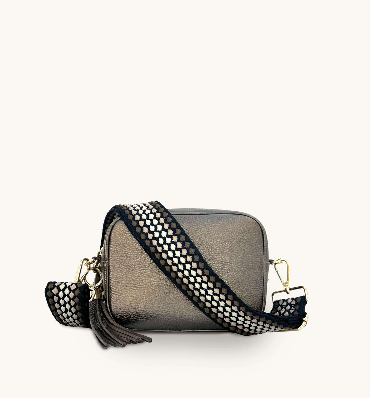 Apatchy London The Tassel Bronze Leather Crossbody Bag With Cappuccino Dots Strap