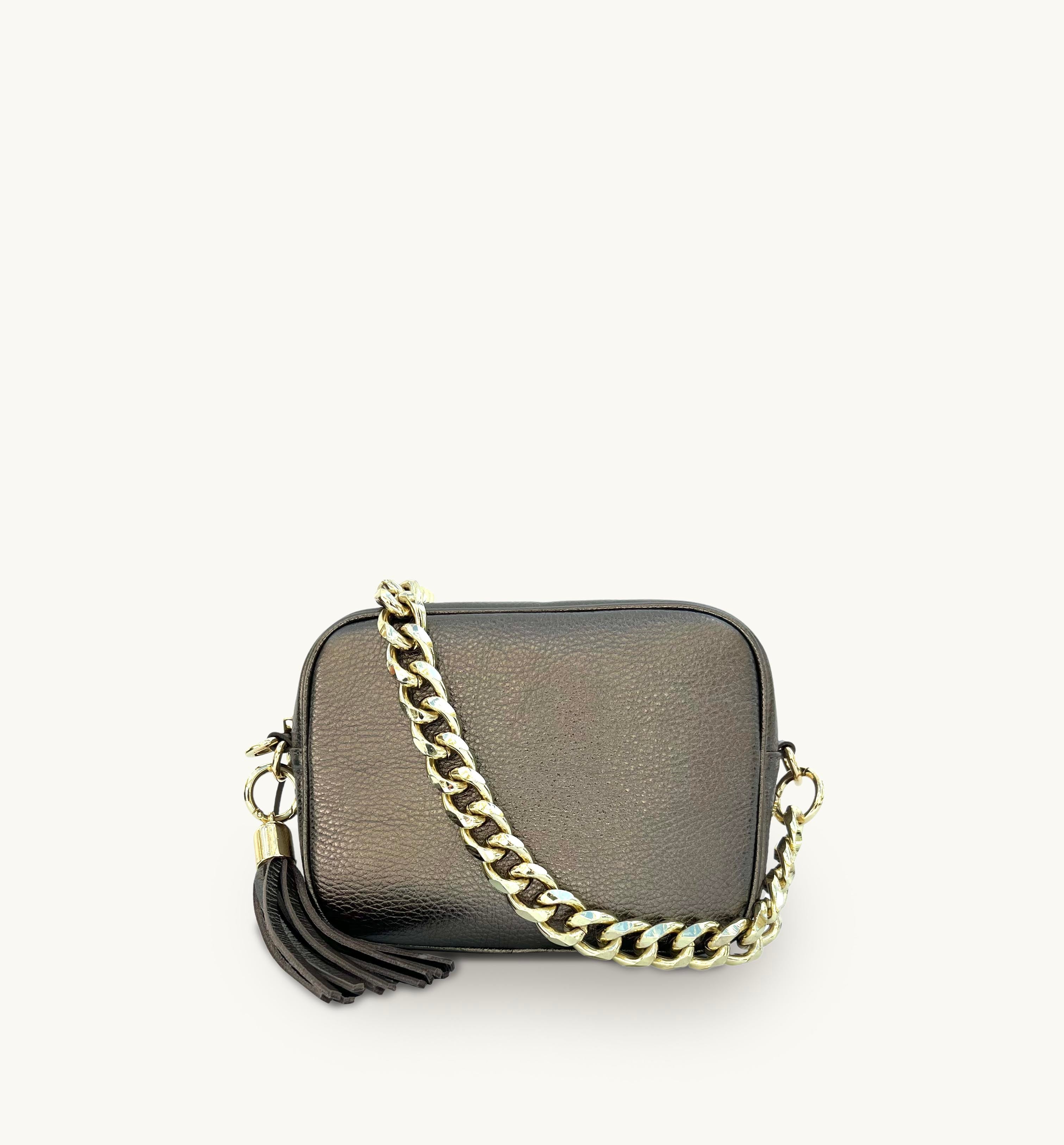 Apatchy London The Tassel Bronze Leather Crossbody Bag With Gold Chain Strap