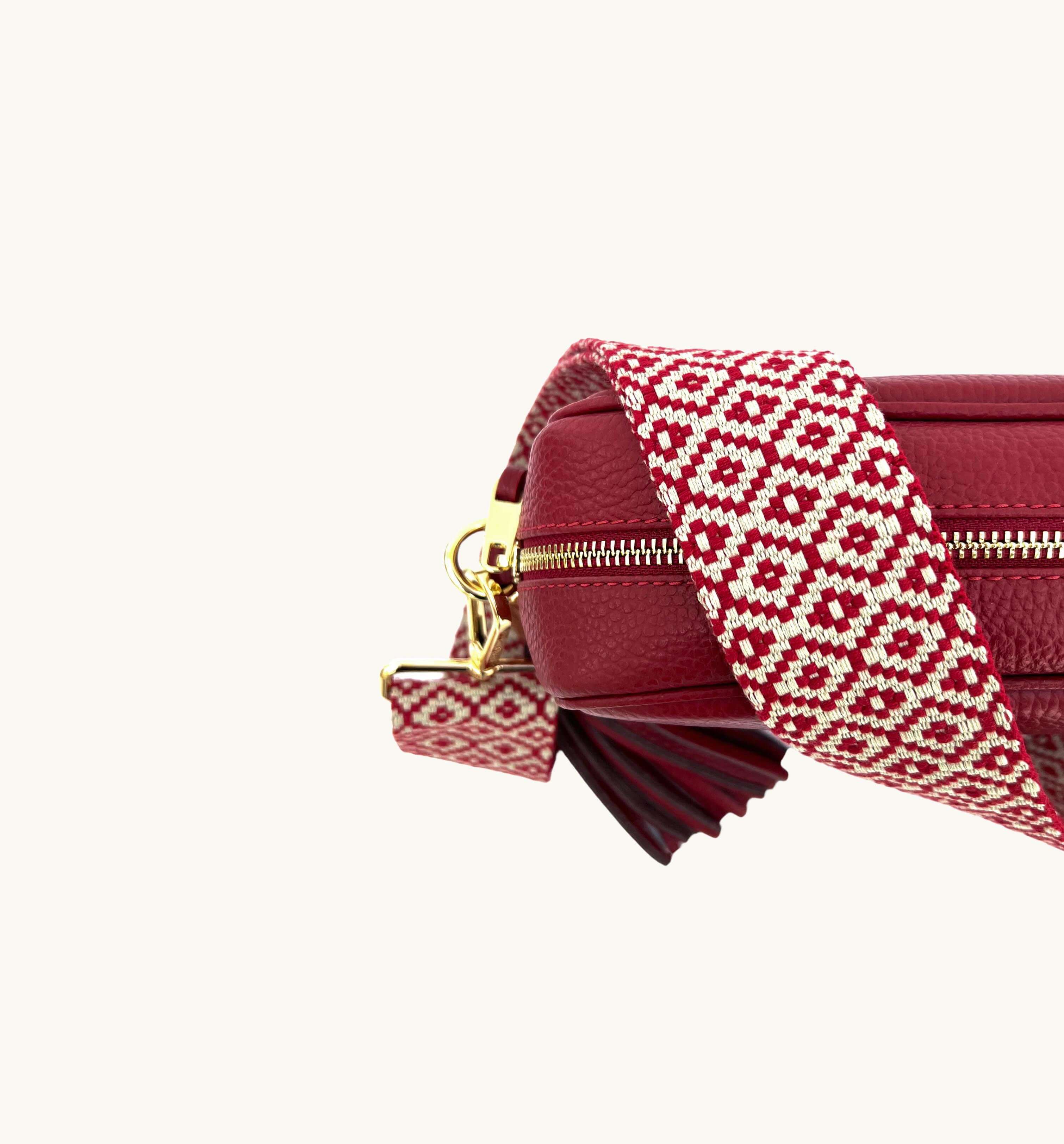 Apatchy London The Tassel Cherry Leather Crossbody Bag With Cross-Stitch Strap