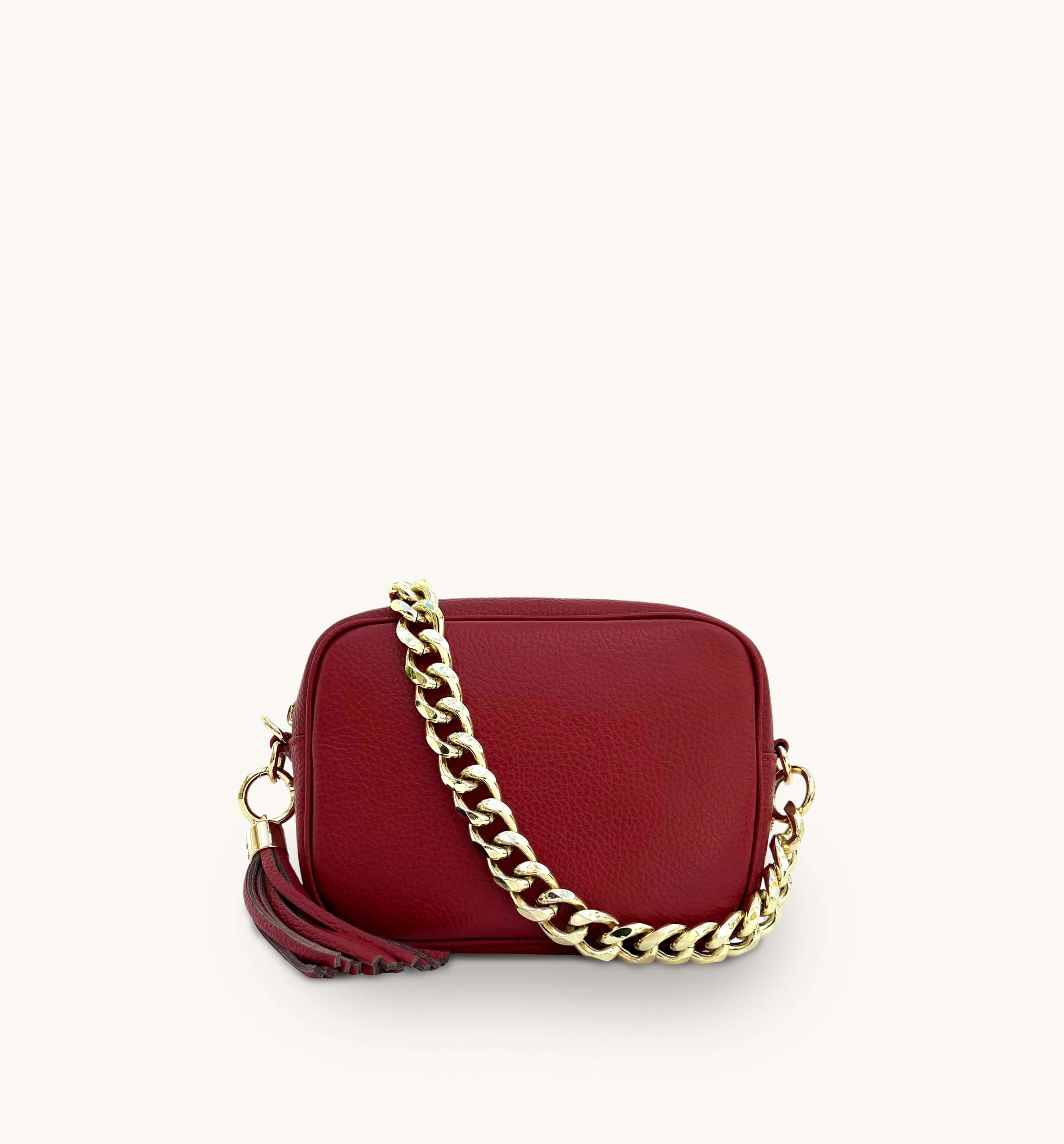 Apatchy London The Tassel Cherry Red Leather Crossbody Bag With Gold Chain Strap