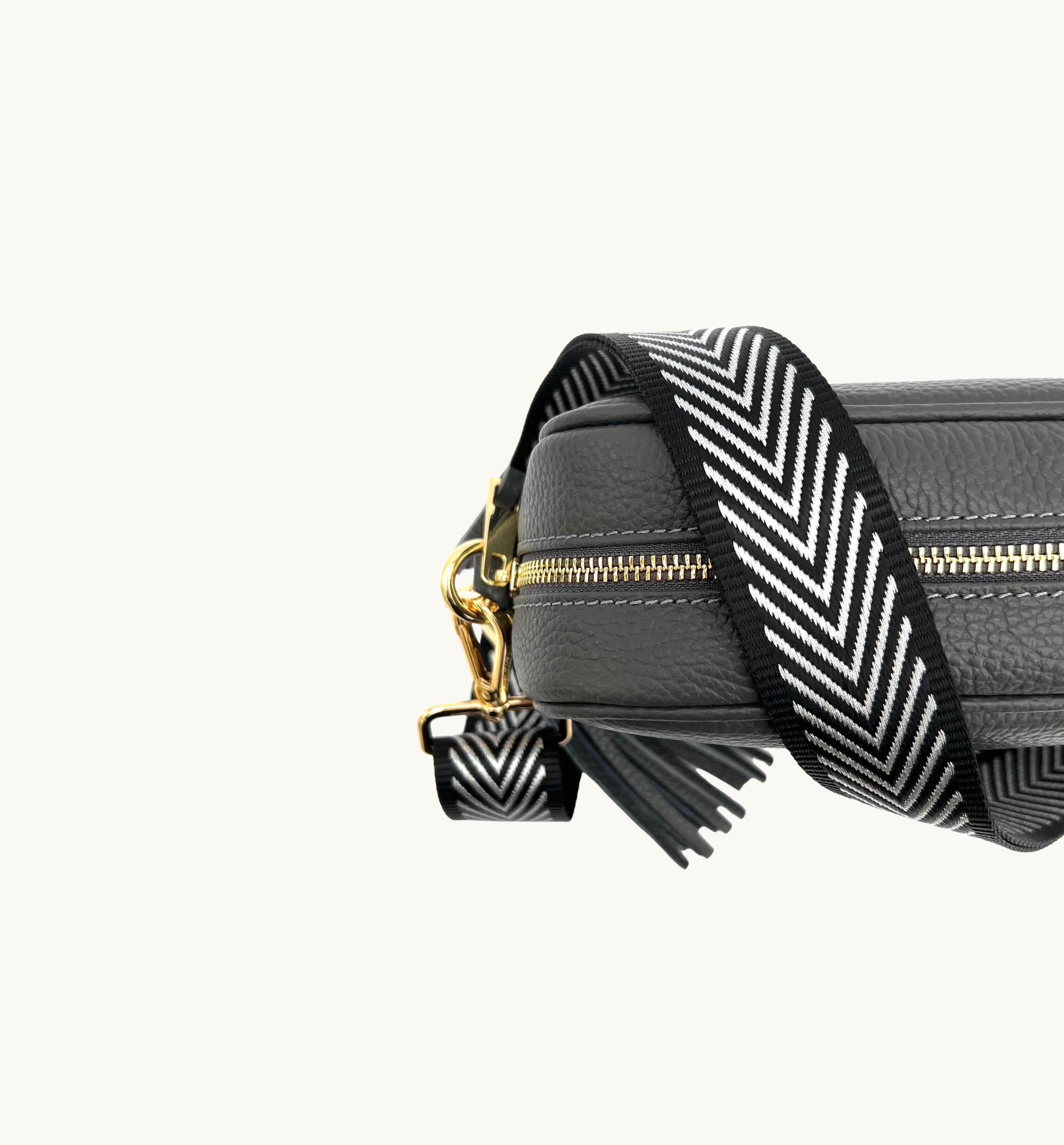 Apatchy London The Tassel Leather Crossbody Bag With Black & Silver Chevron Strap