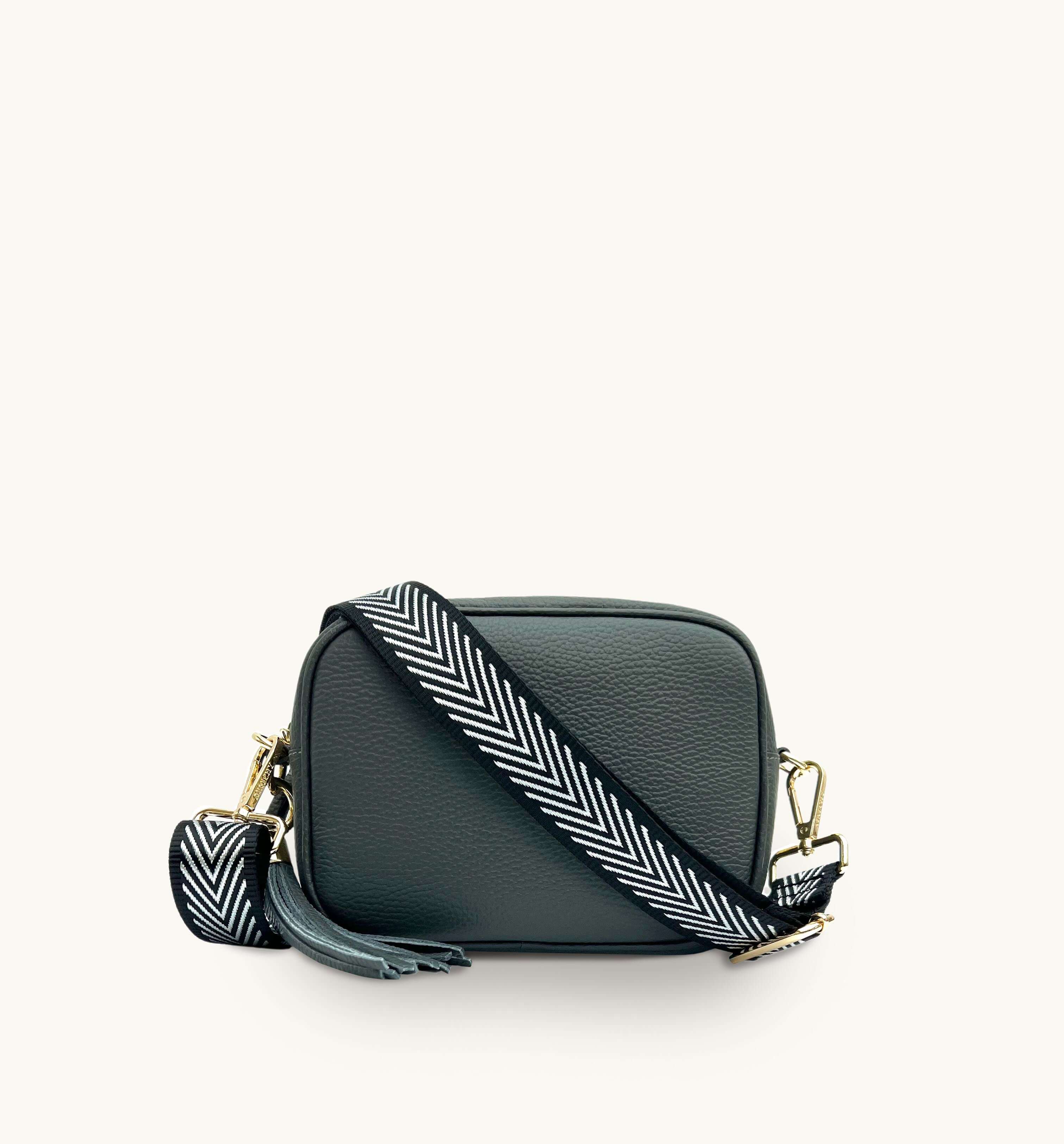 Apatchy London The Tassel Dark Grey Leather Crossbody Bag With Black & Silver Chevron Strap