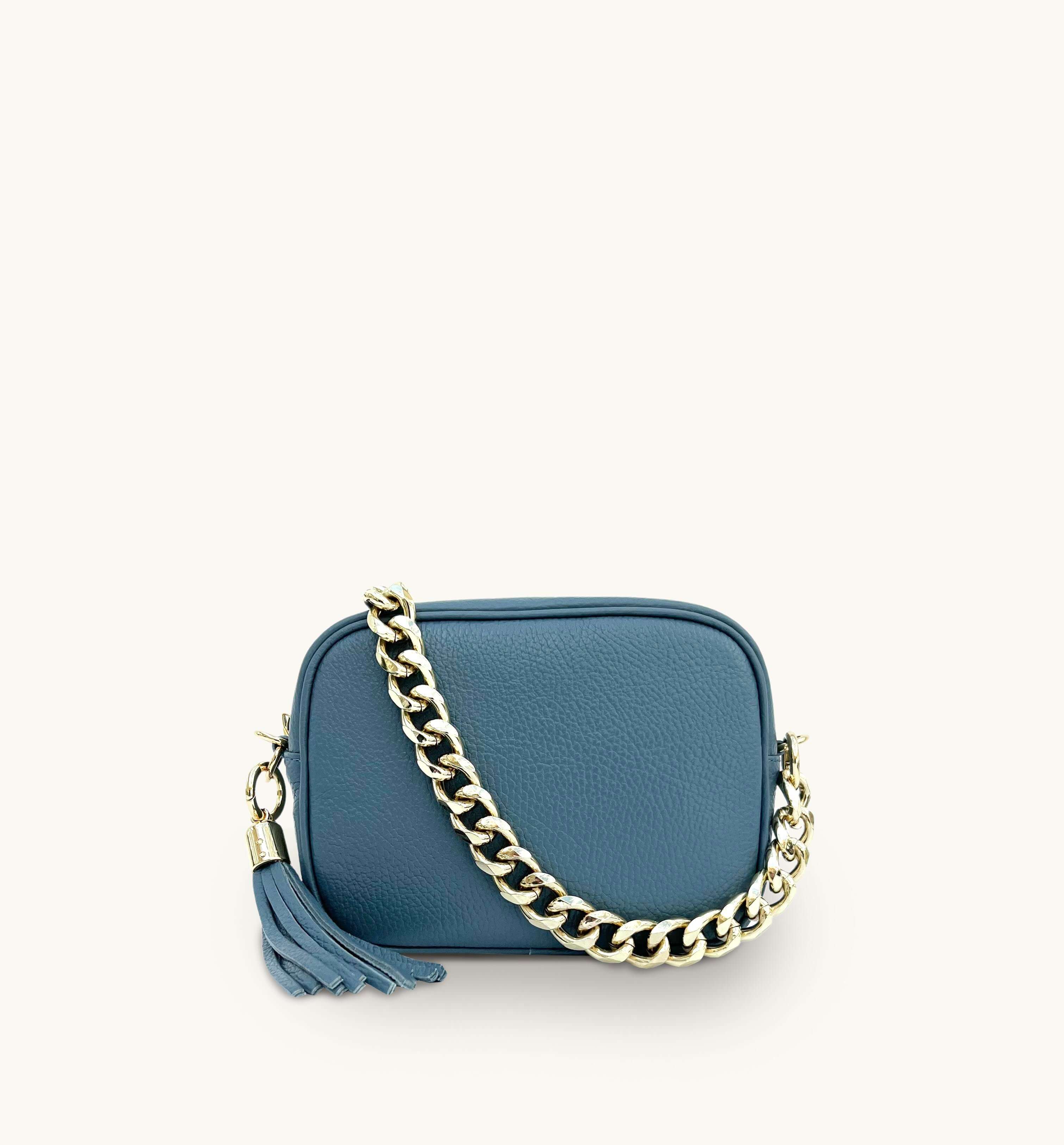 Apatchy London The Tassel Denim Blue Leather Crossbody Bag With Gold Chain Strap