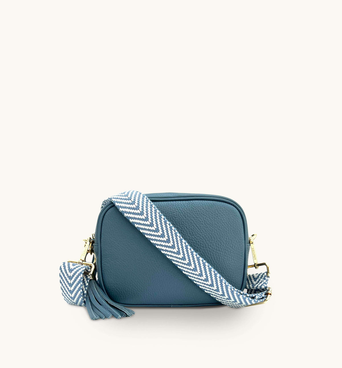 Apatchy London The Tassel Denim Blue Leather Crossbody Bag With Denim Blue Chevron Strap