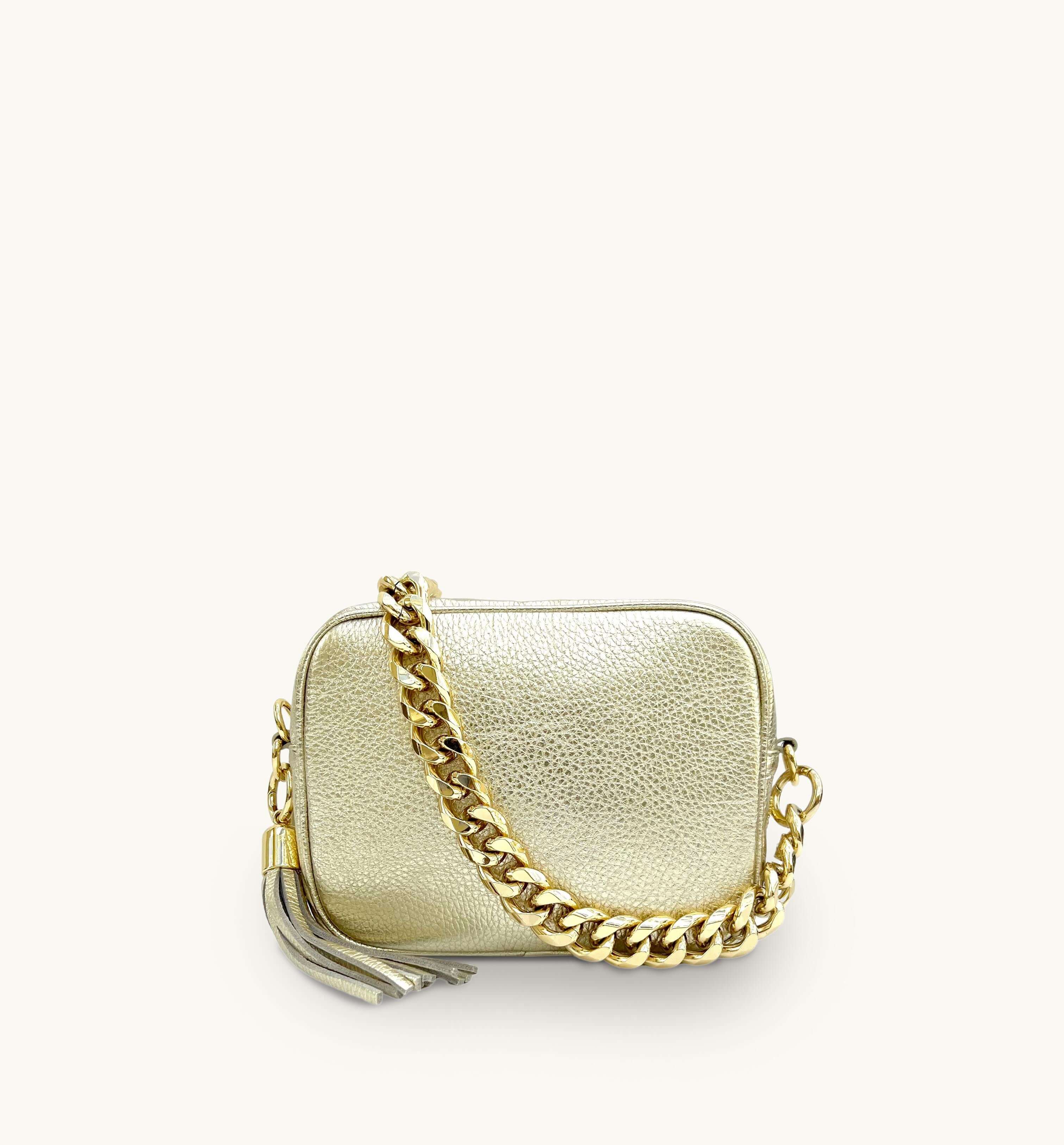 Apatchy London The Tassel Gold Leather Crossbody Bag With Gold Chain Strap