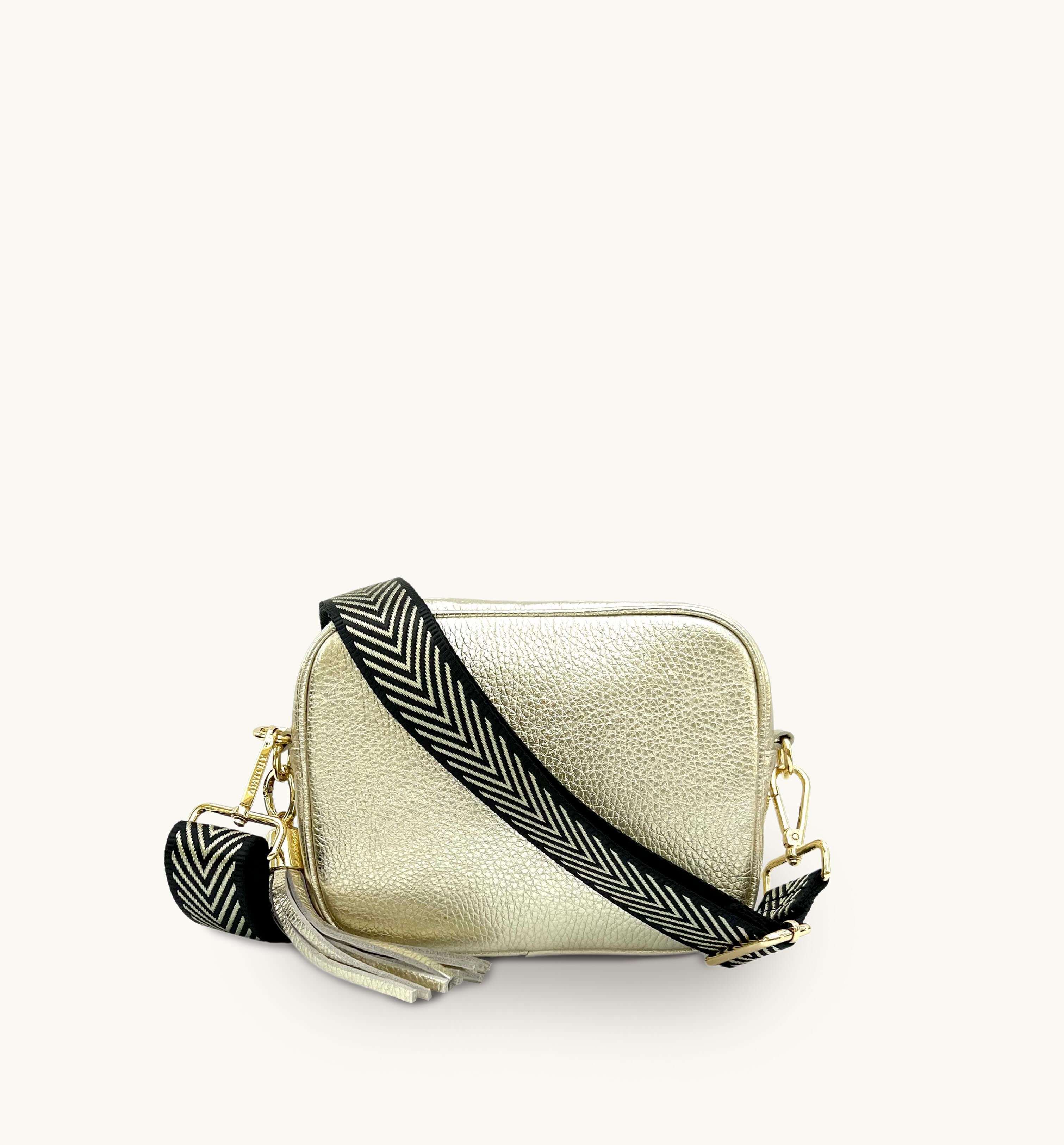 Apatchy London The Tassel Gold Leather Crossbody Bag With Black & Gold Chevron Strap