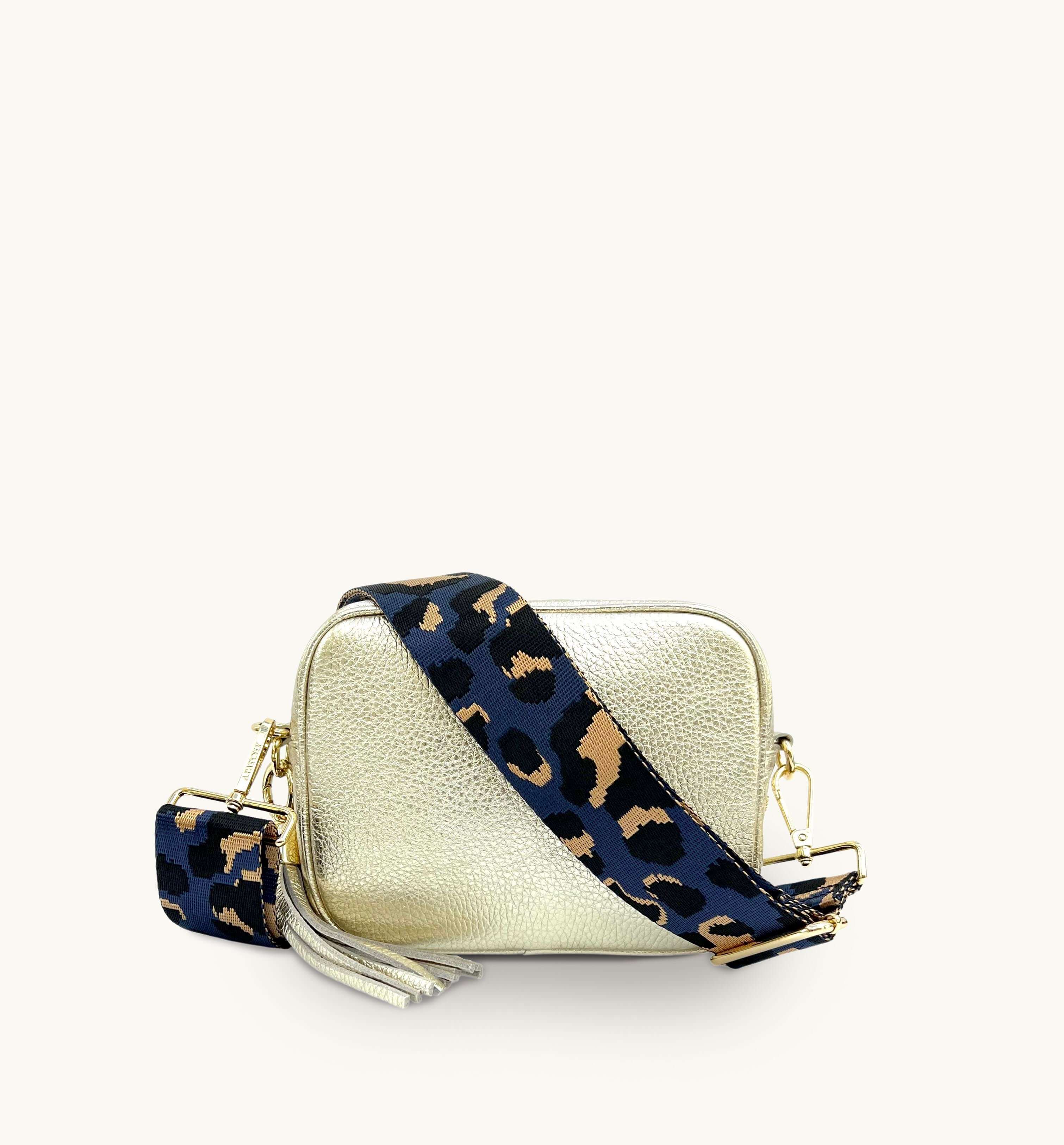Apatchy London The Tassel Leather Crossbody Bag With Navy Leopard Strap