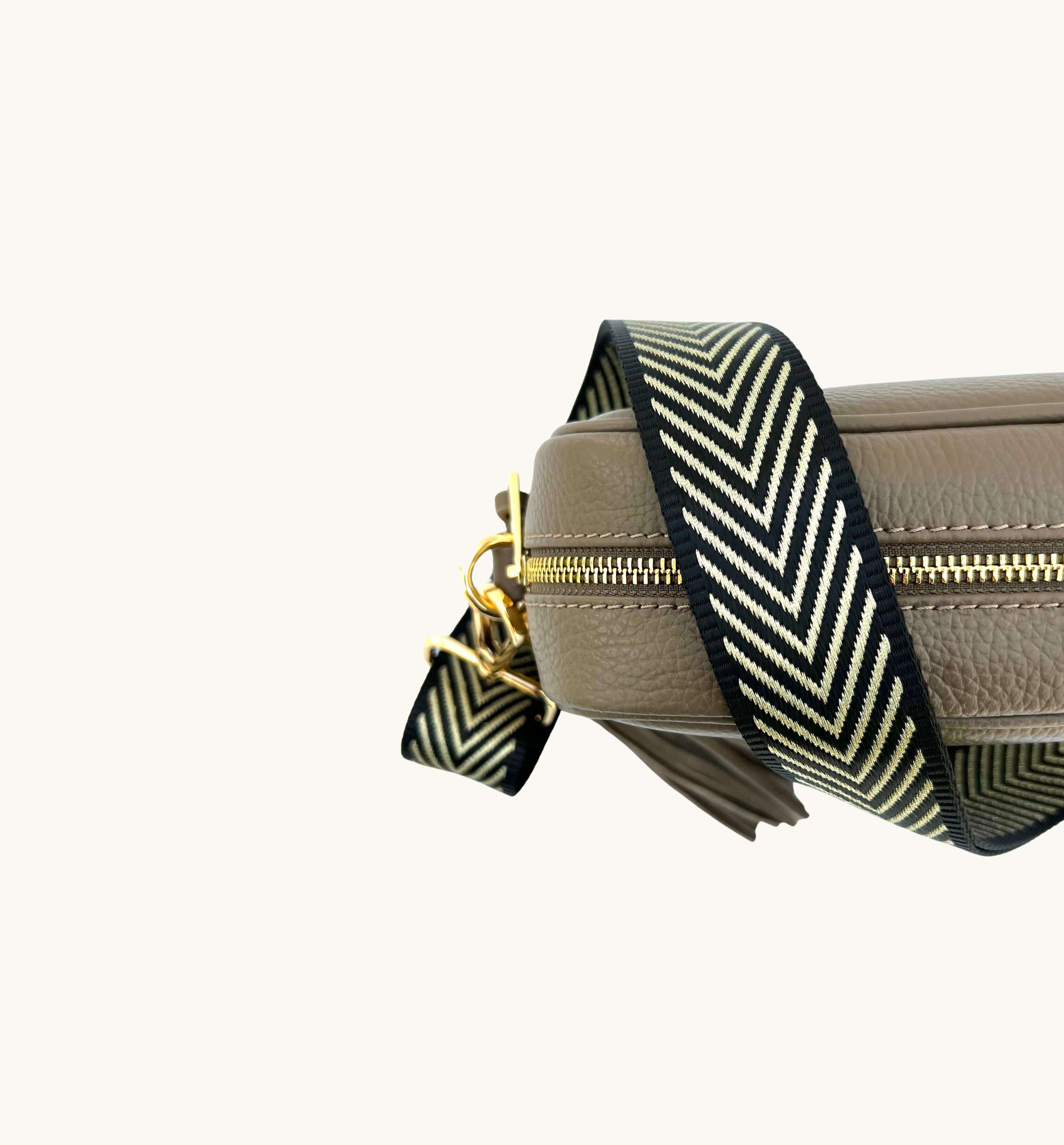 Apatchy London The Tassel Latte Leather Crossbody Bag With Black & Gold Chevron Strap
