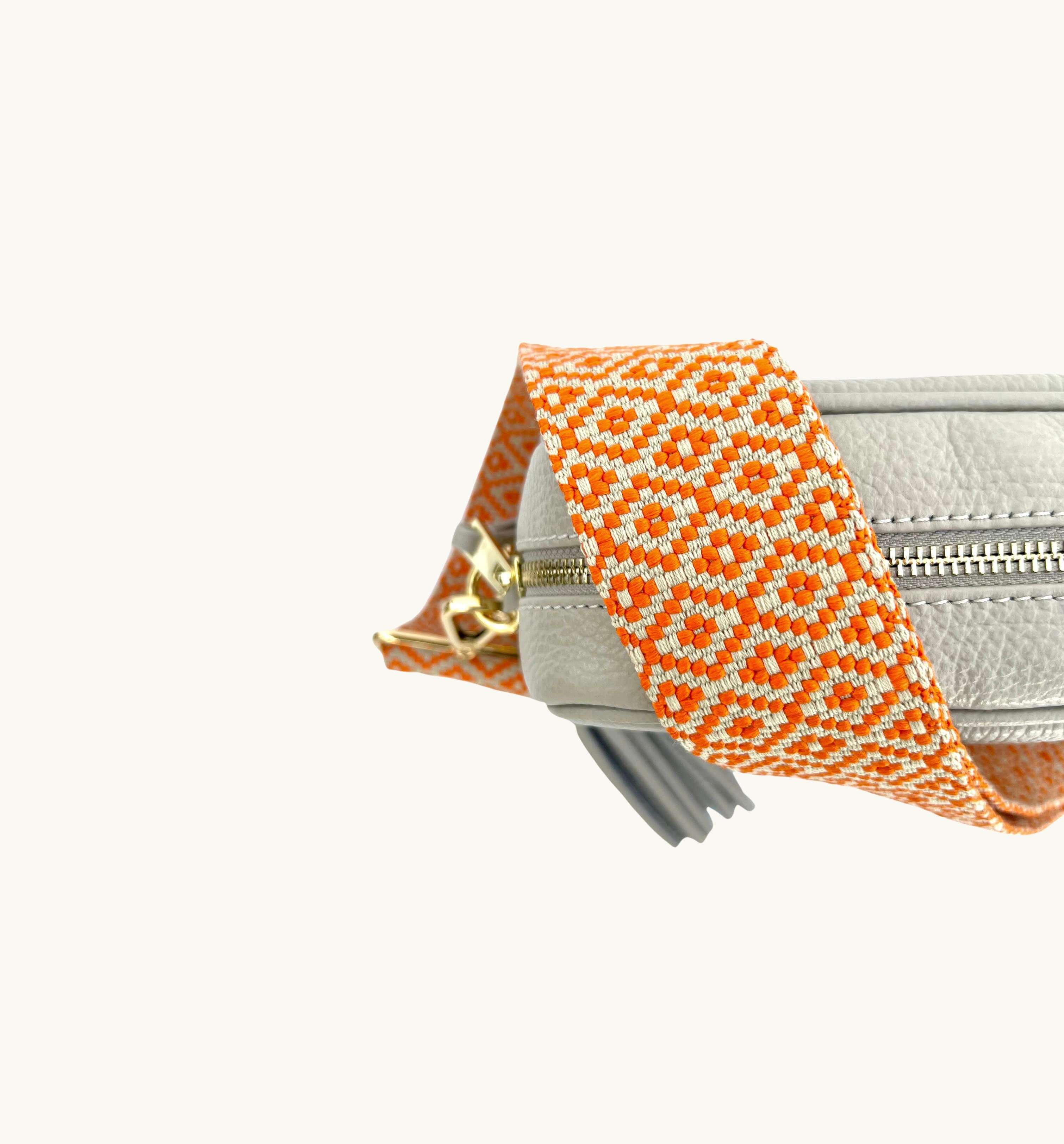 Apatchy London The Tassel Light Leather Crossbody Bag With Orange Cross-Stitch Strap