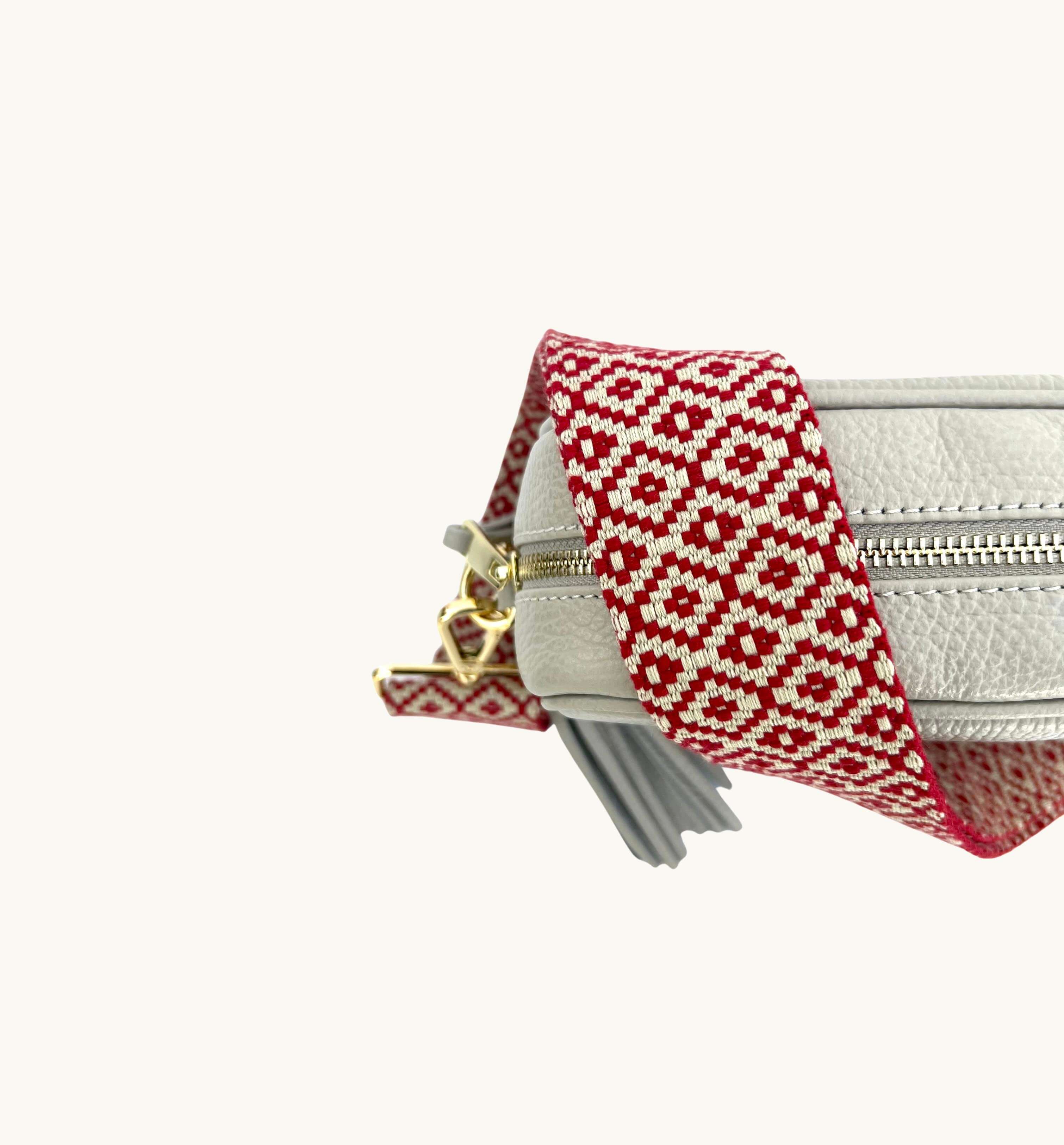 Apatchy London The Tassel Light Leather Crossbody Bag With Red Cross-Stitch Strap
