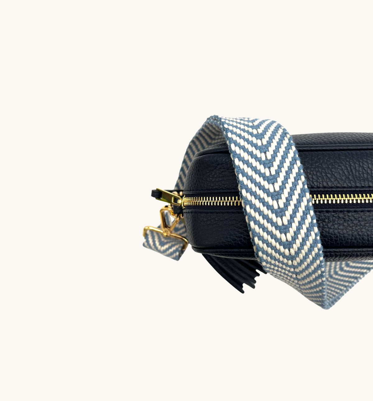 Apatchy London The Tassel Navy Leather Crossbody Bag With Denim Blue Chevron Strap
