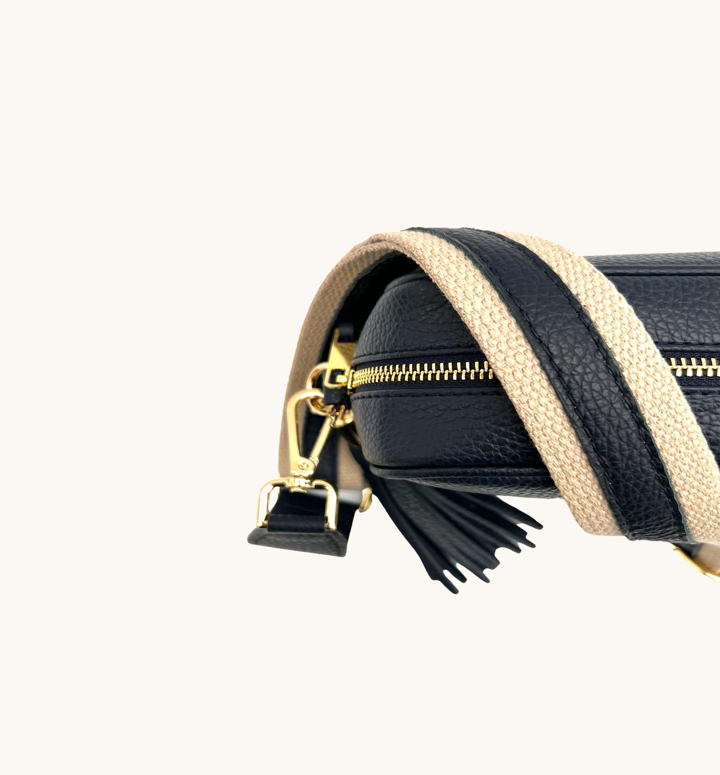Apatchy London The Tassel Navy Leather Crossbody Bag With Leather & Canvas Strap