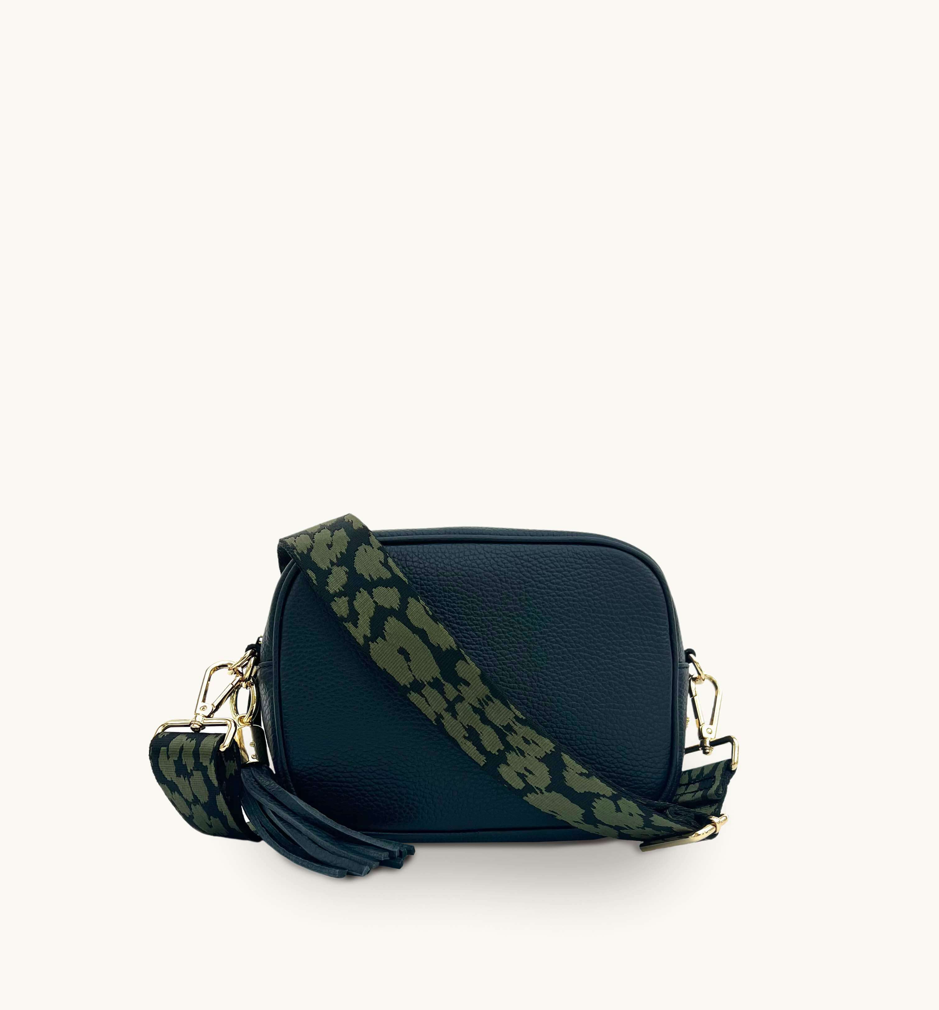 Apatchy London The Tassel Navy Leather Crossbody Bag With Olive Green Cheetah Strap