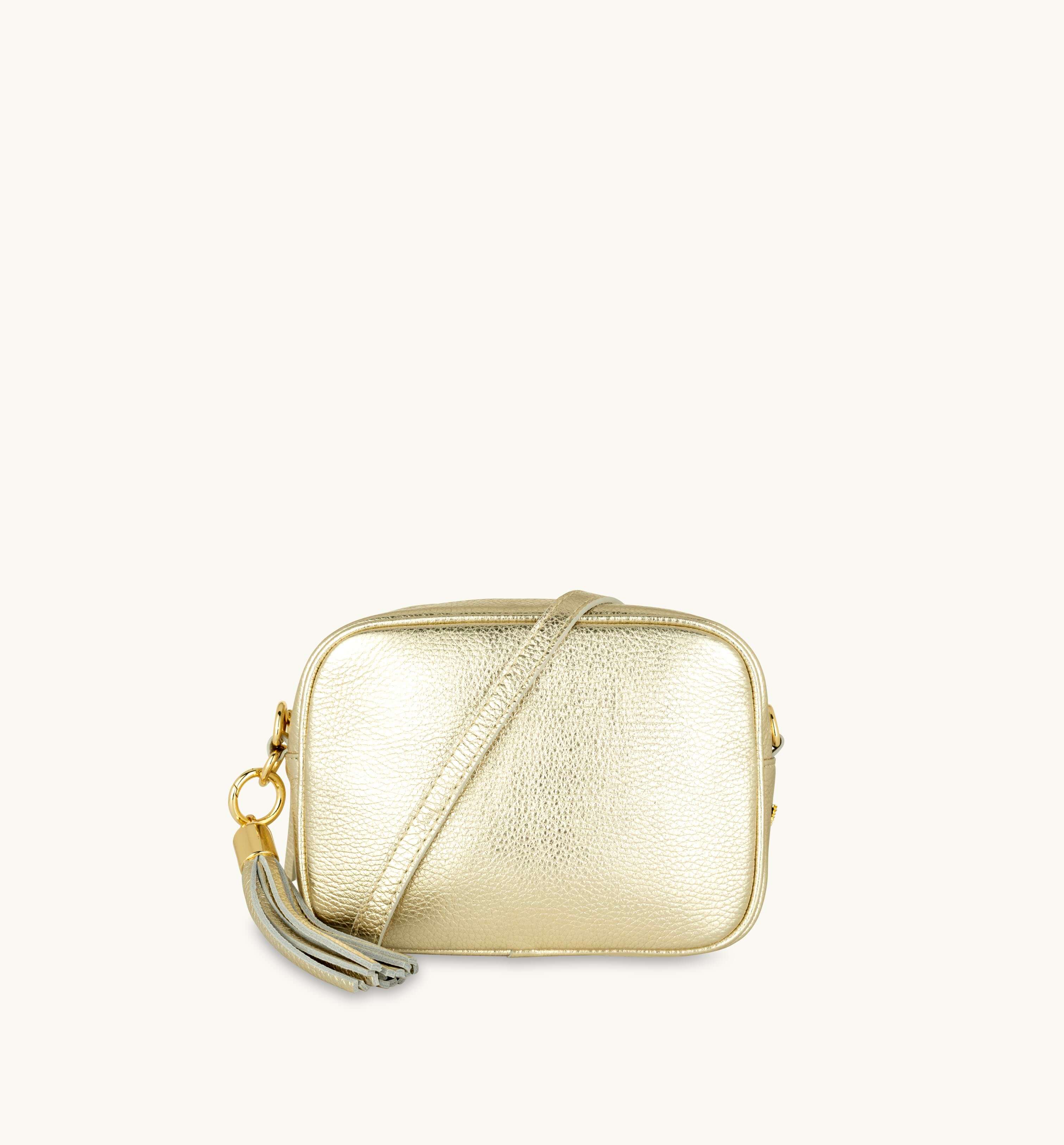 Apatchy London The Tassel Gold Leather Crossbody Bag With Black & Gold Chevron Strap