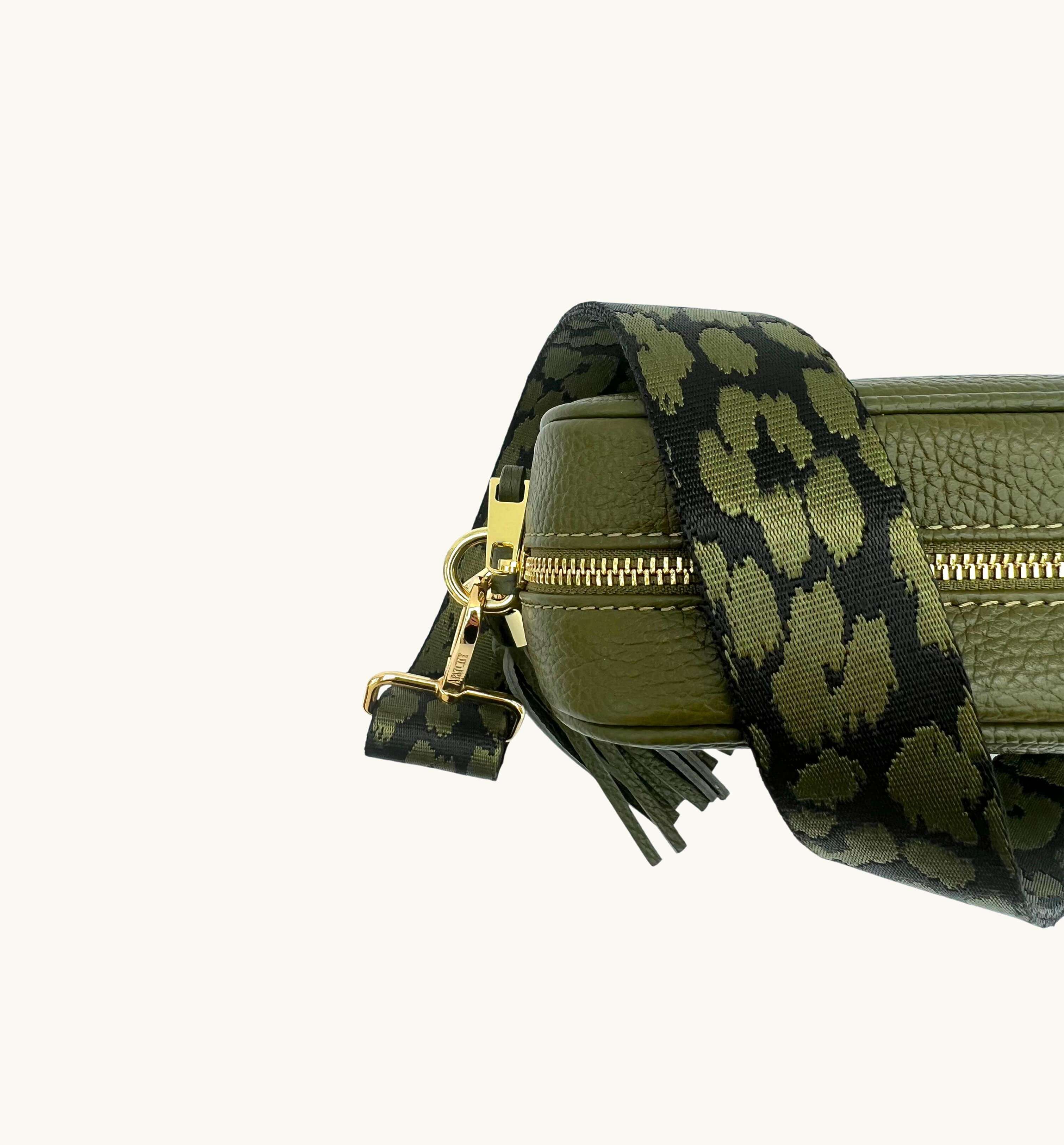 Apatchy London The Tassel Olive Green Leather Crossbody Bag With Olive Green Cheetah Strap