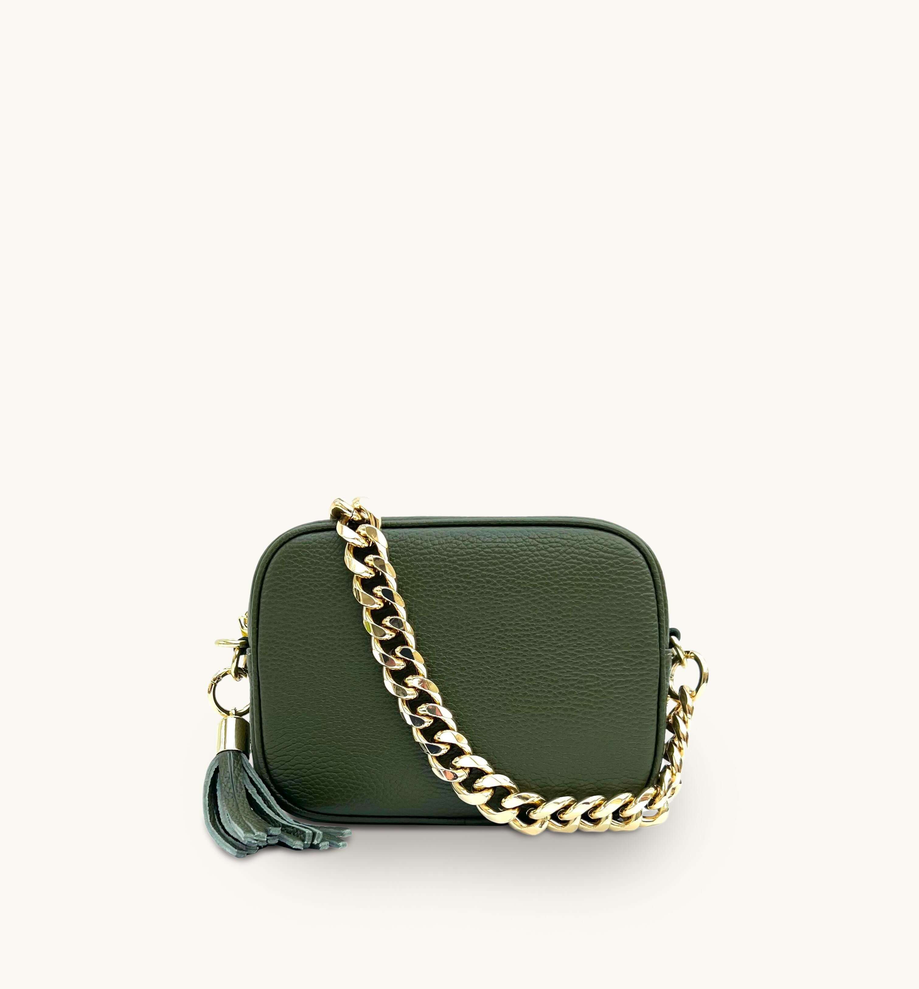 Apatchy London The Tassel Olive Green Leather Crossbody Bag With Gold Chain Strap