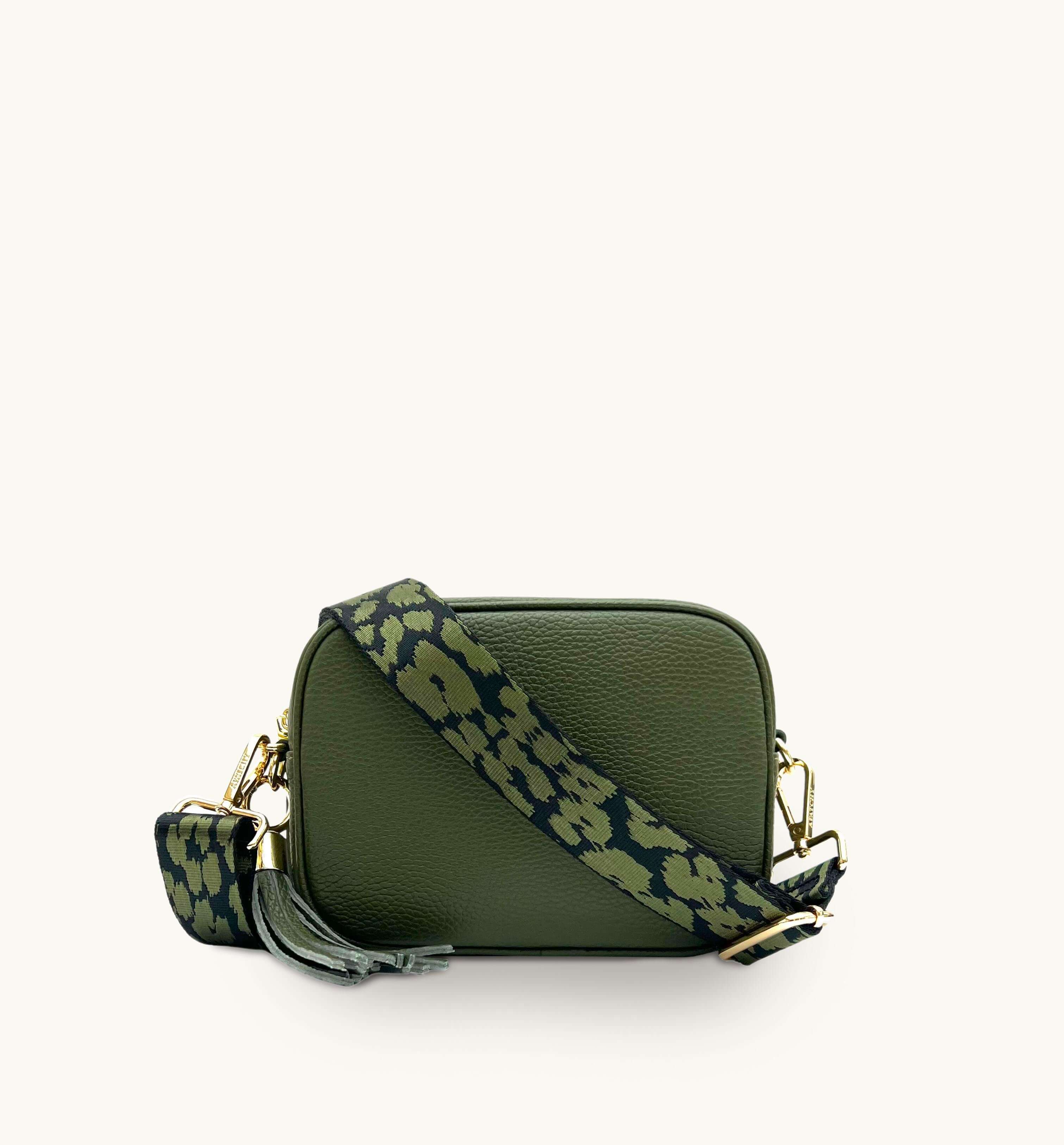Apatchy London The Tassel Olive Green Leather Crossbody Bag With Olive Green Cheetah Strap
