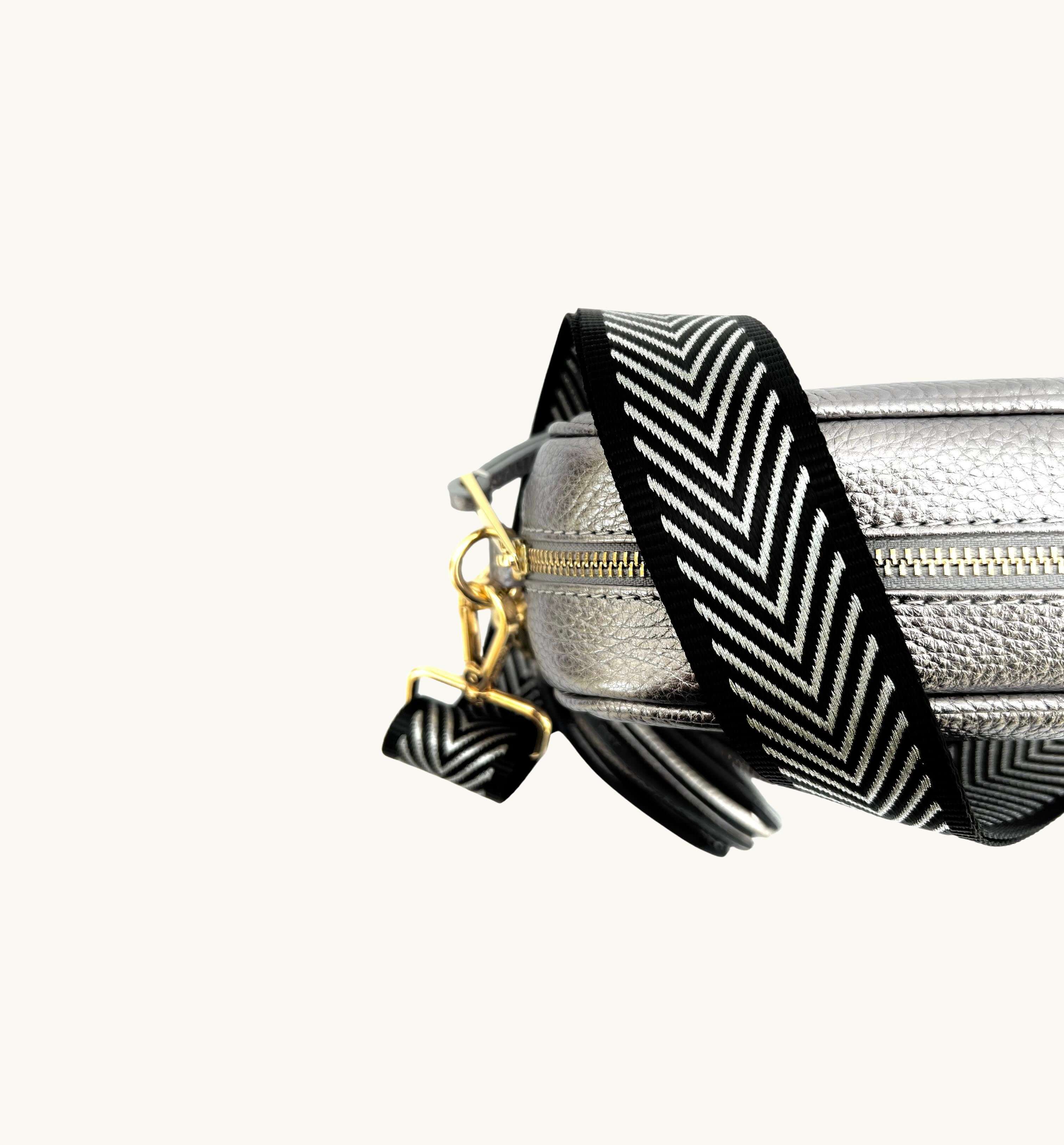 Apatchy London The Tassel Pewter Leather Crossbody Bag With Black & Silver Chevron Strap