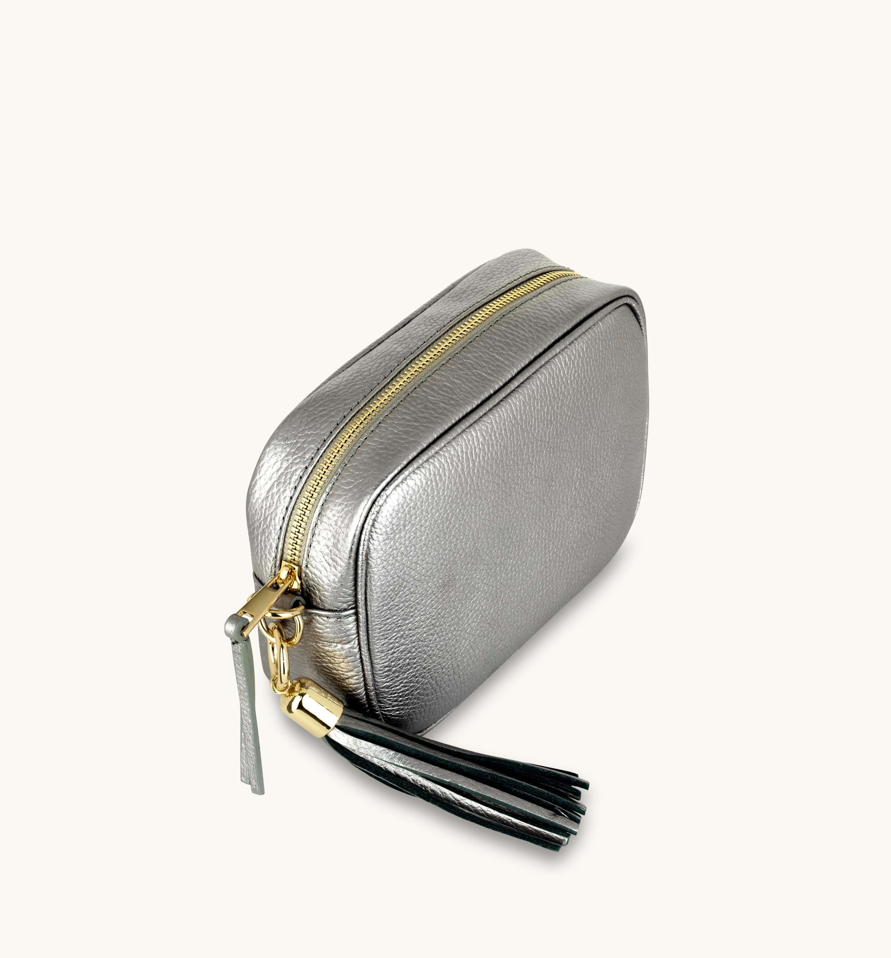 Apatchy London The Tassel Pewter Leather Crossbody Bag With Black & Silver Chevron Strap