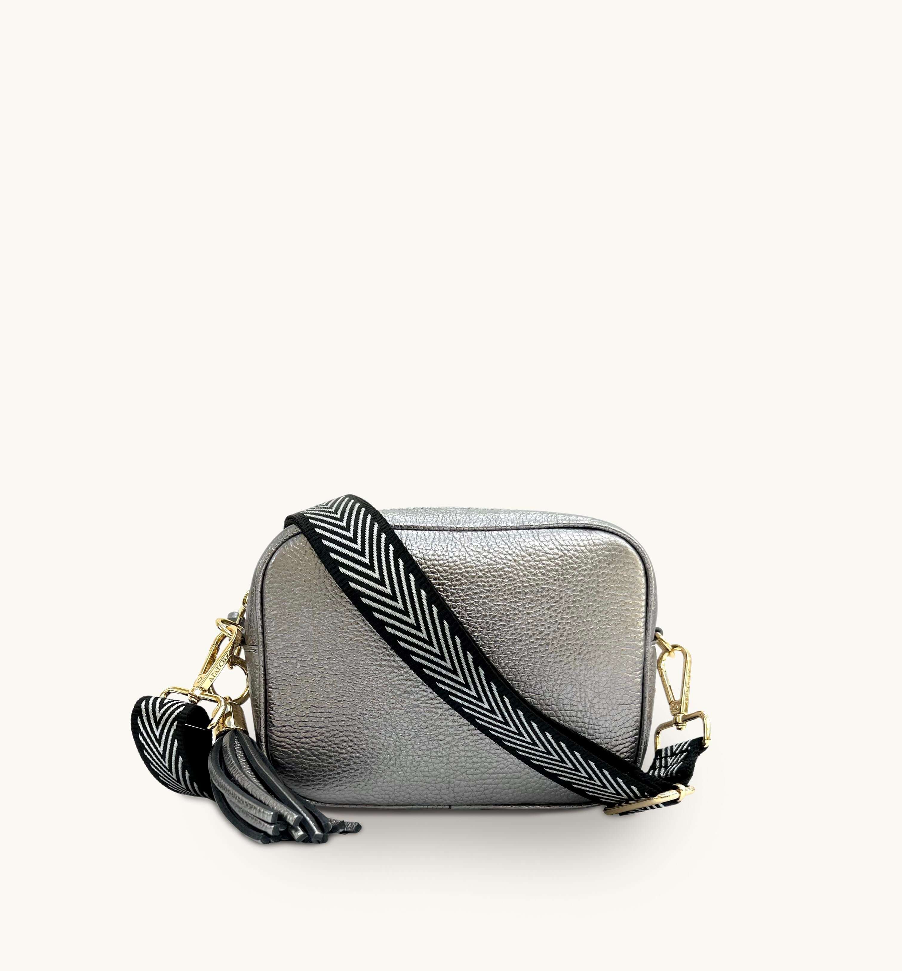 Apatchy London The Tassel Pewter Leather Crossbody Bag With Black & Silver Chevron Strap