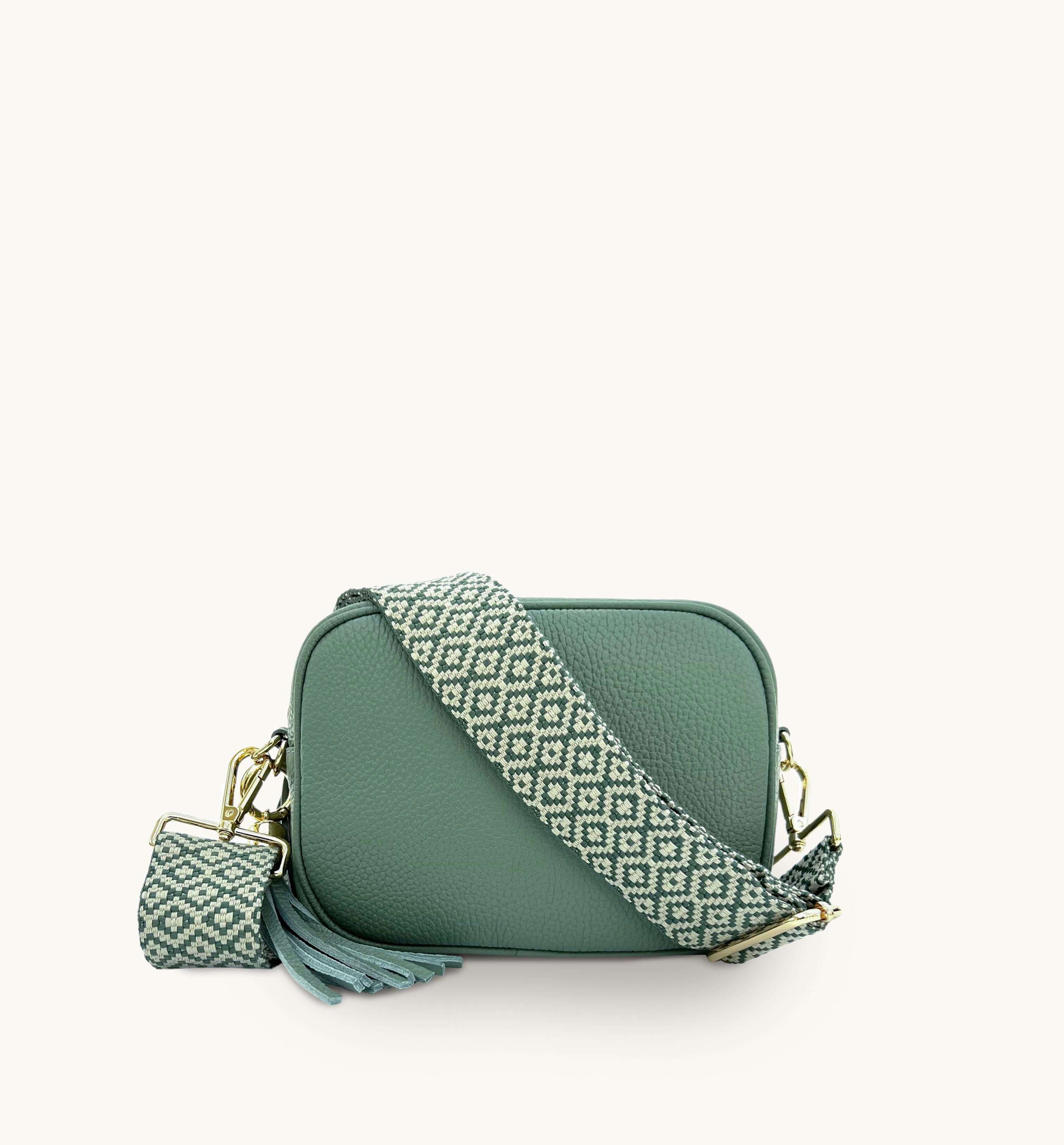 Apatchy London The Tassel Pistachio Leather Crossbody Bag With Pistachio Cross-Stitch Strap