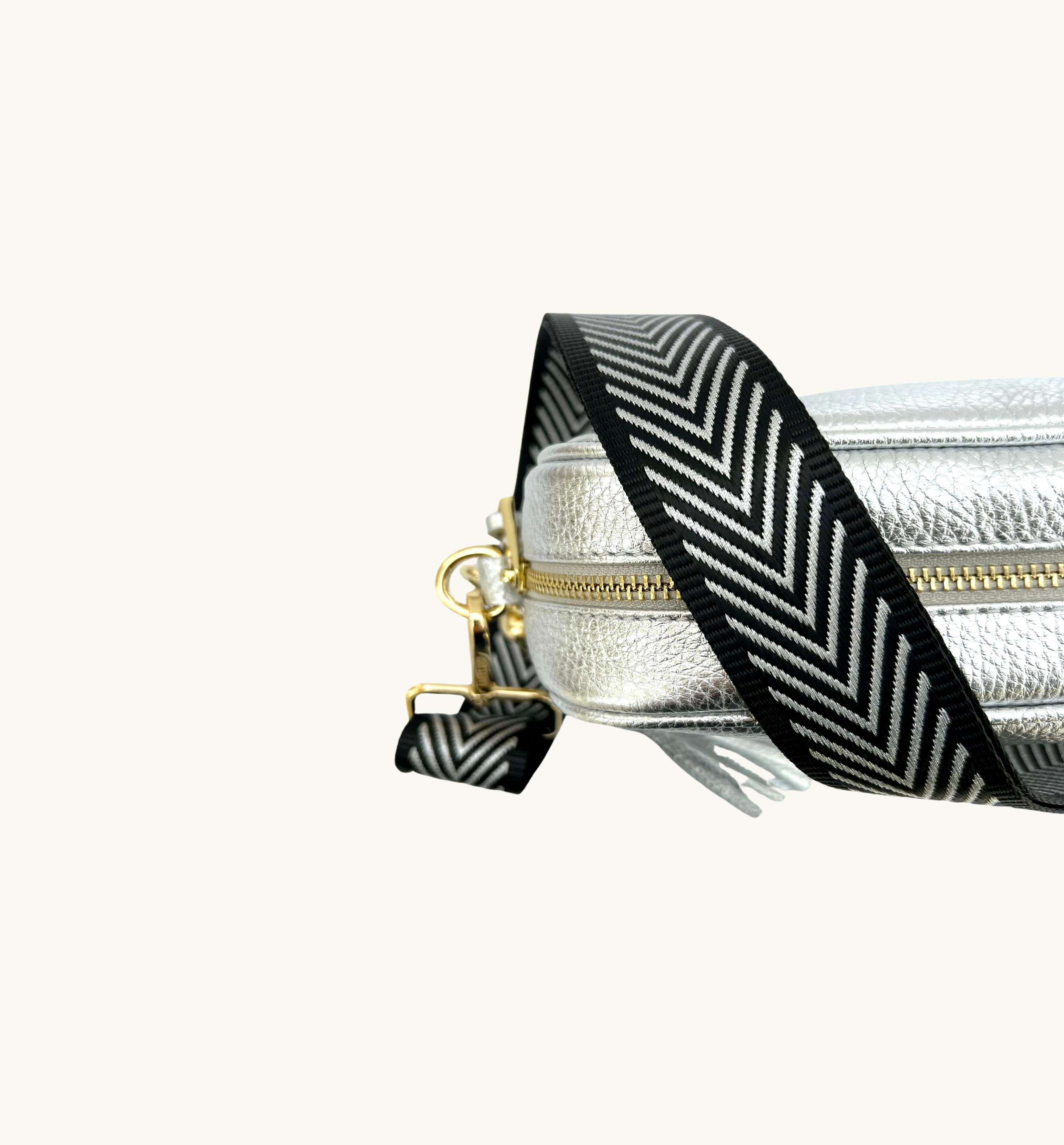 Apatchy London The Tassel Silver Leather Crossbody Bag With Black & Silver Chevron Strap