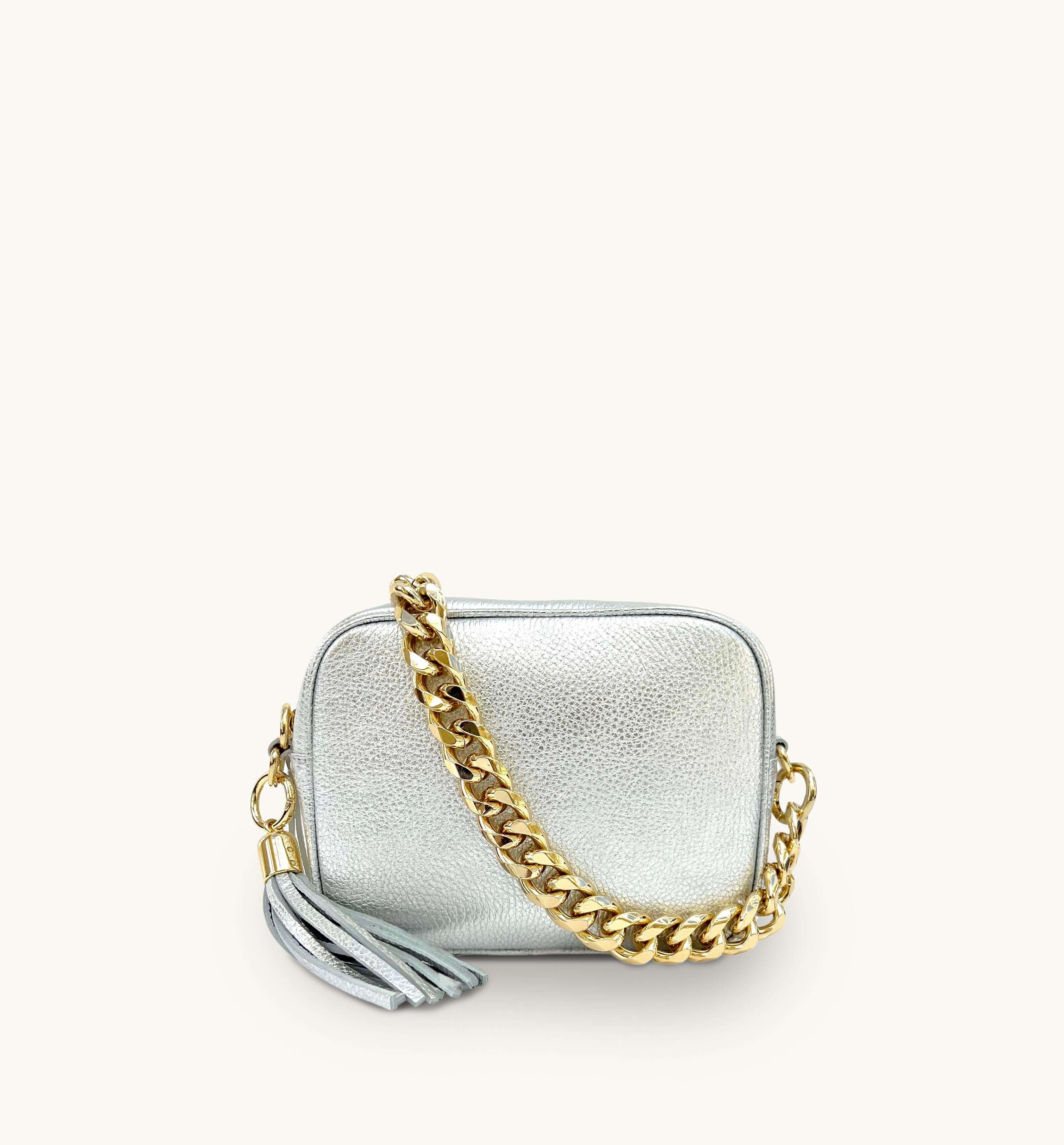Apatchy London The Tassel Silver Leather Crossbody Bag With Gold Chain Strap