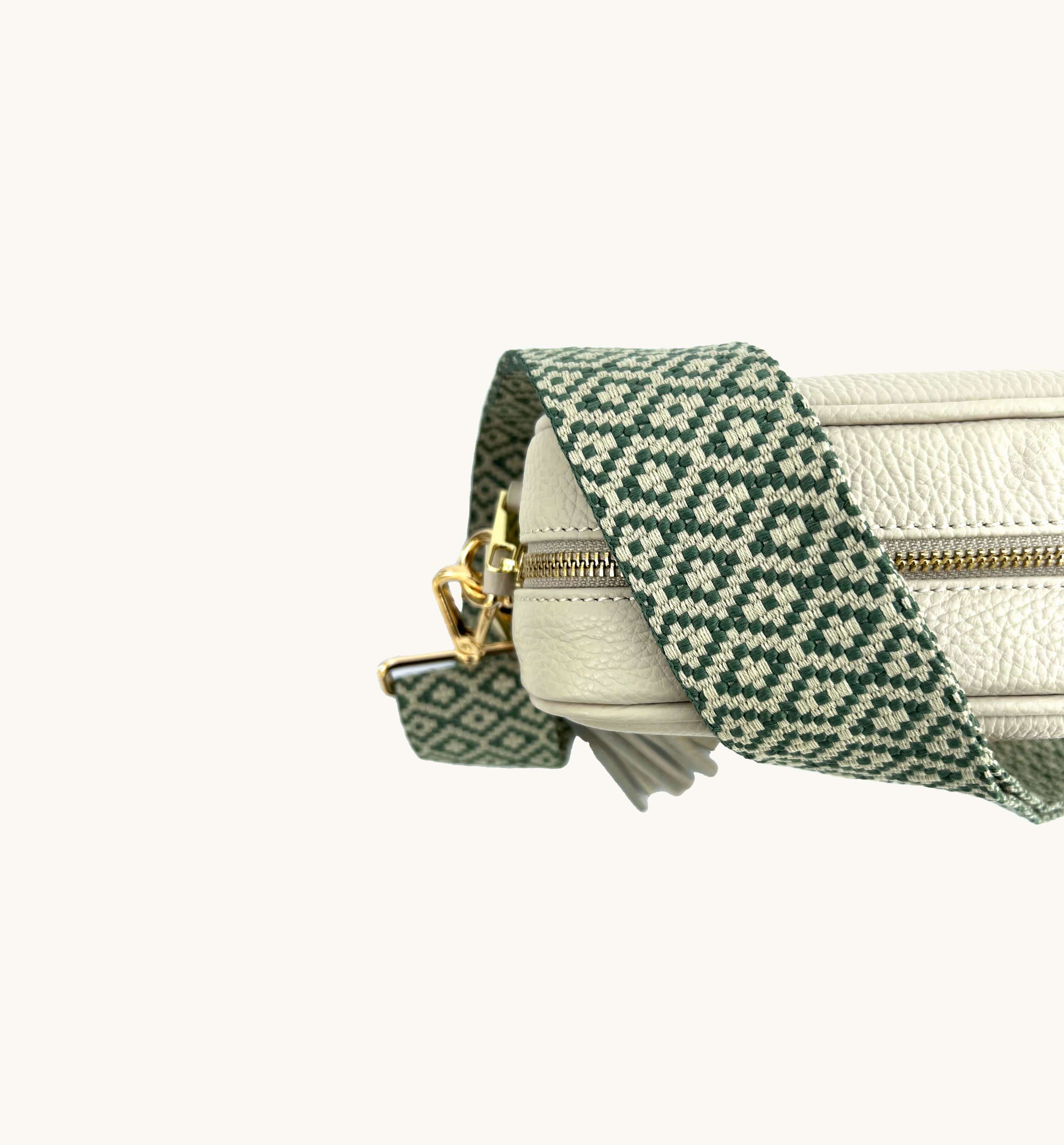 Apatchy London The Tassel Stone Leather Crossbody Bag With Pistachio Cross-Stitch Strap