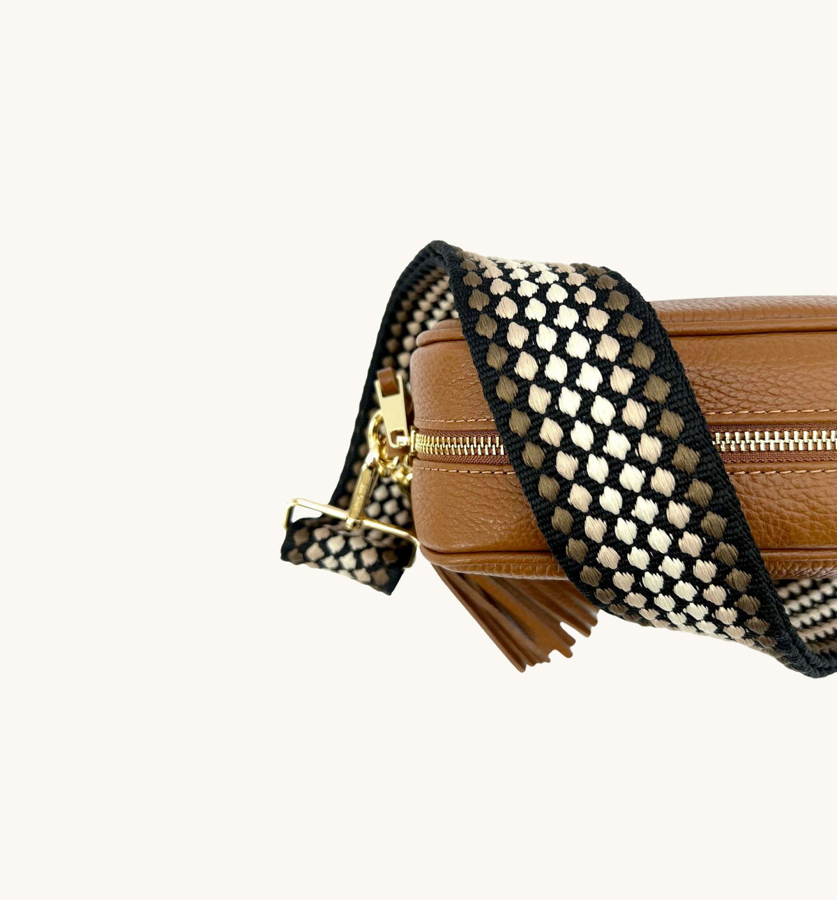 Apatchy London The Tassel Tan Leather Crossbody Bag With Cappuccino Dots Strap