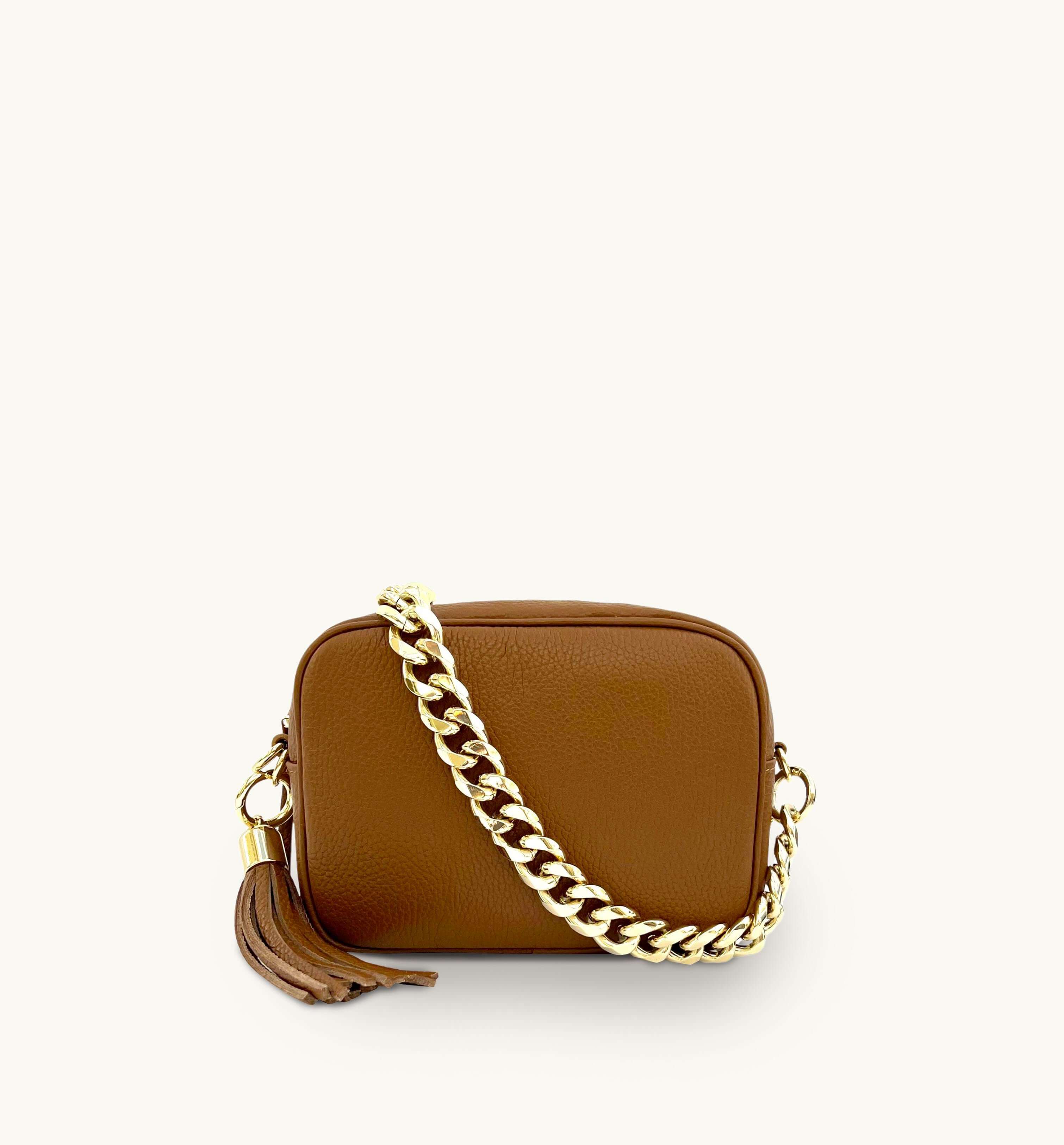 Apatchy London The Tassel Tan Leather Crossbody Bag With Gold Chain Strap