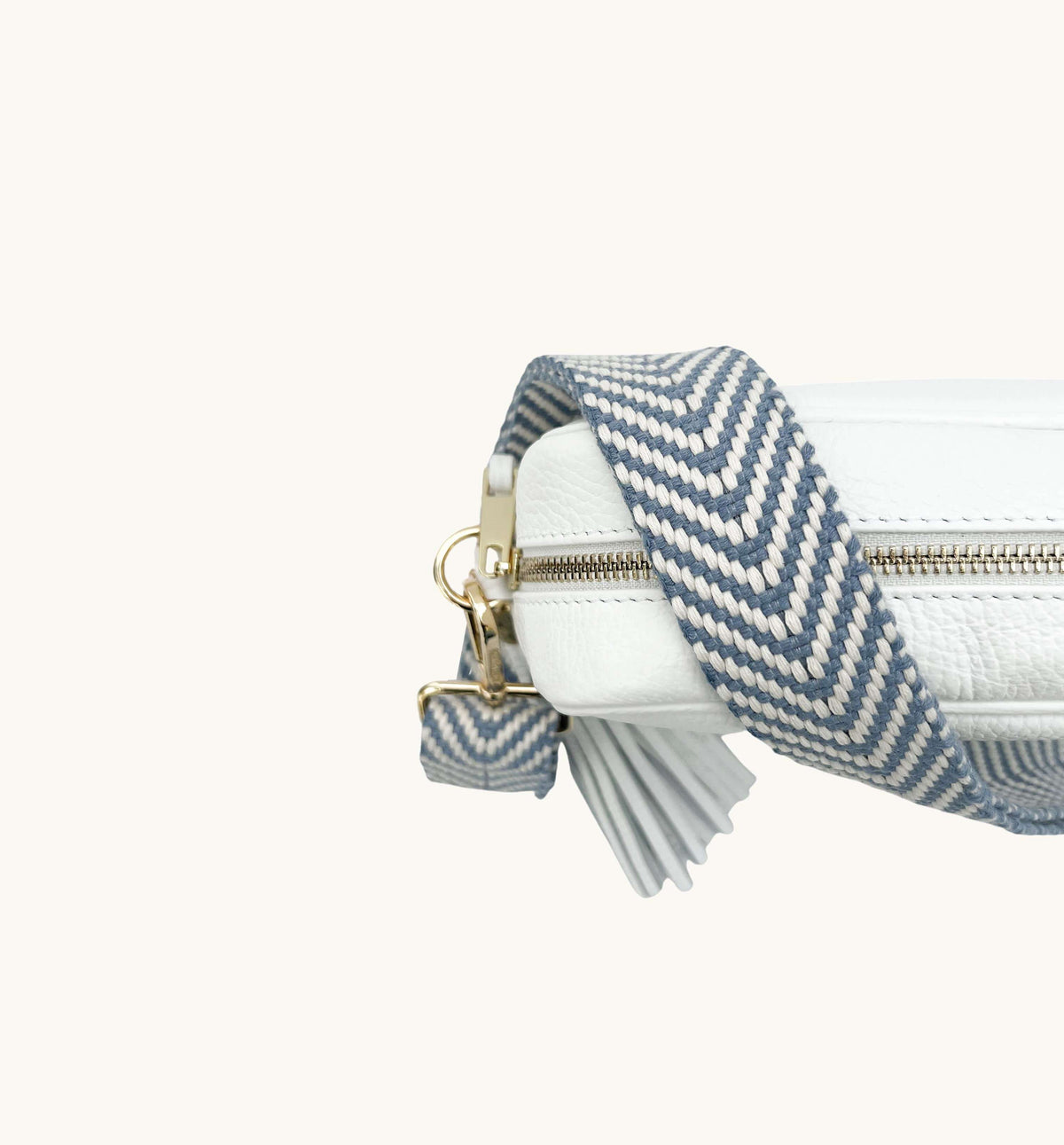 Apatchy London The Tassel White Leather Crossbody Bag With Denim Blue Chevron Strap