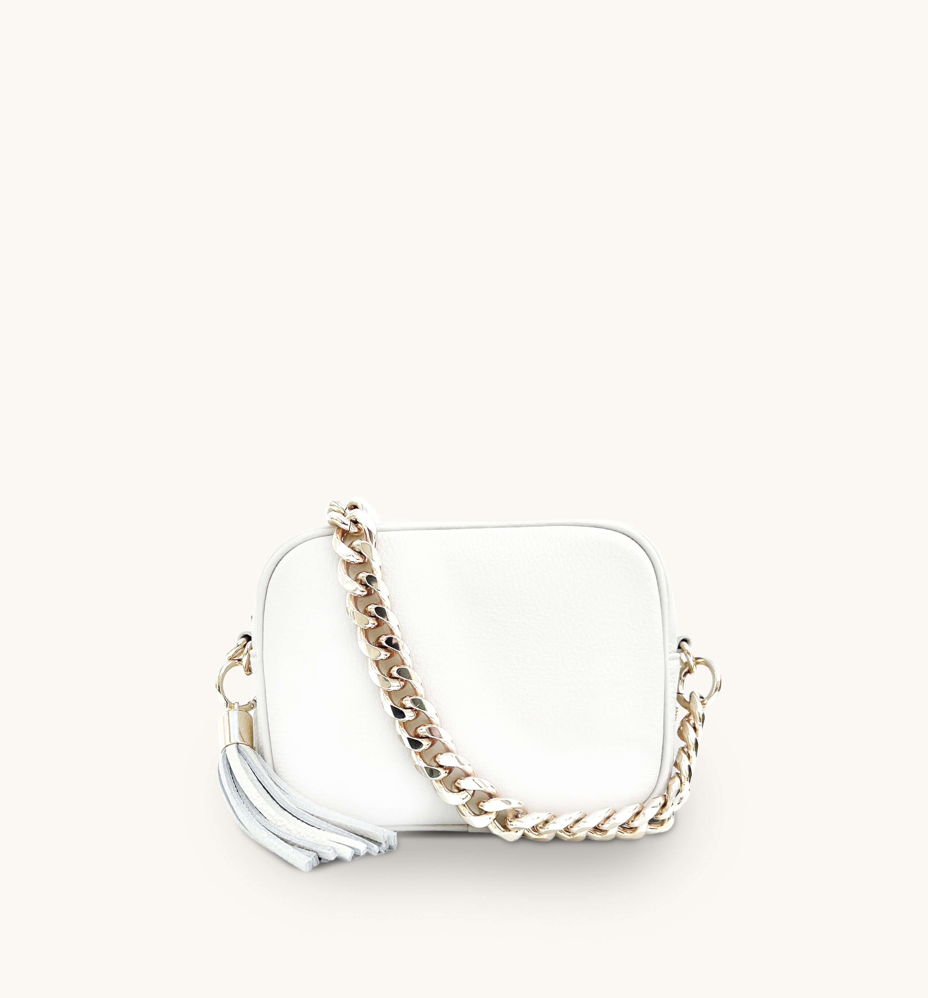 Apatchy London The Tassel White Leather Crossbody Bag With Gold Chain Strap